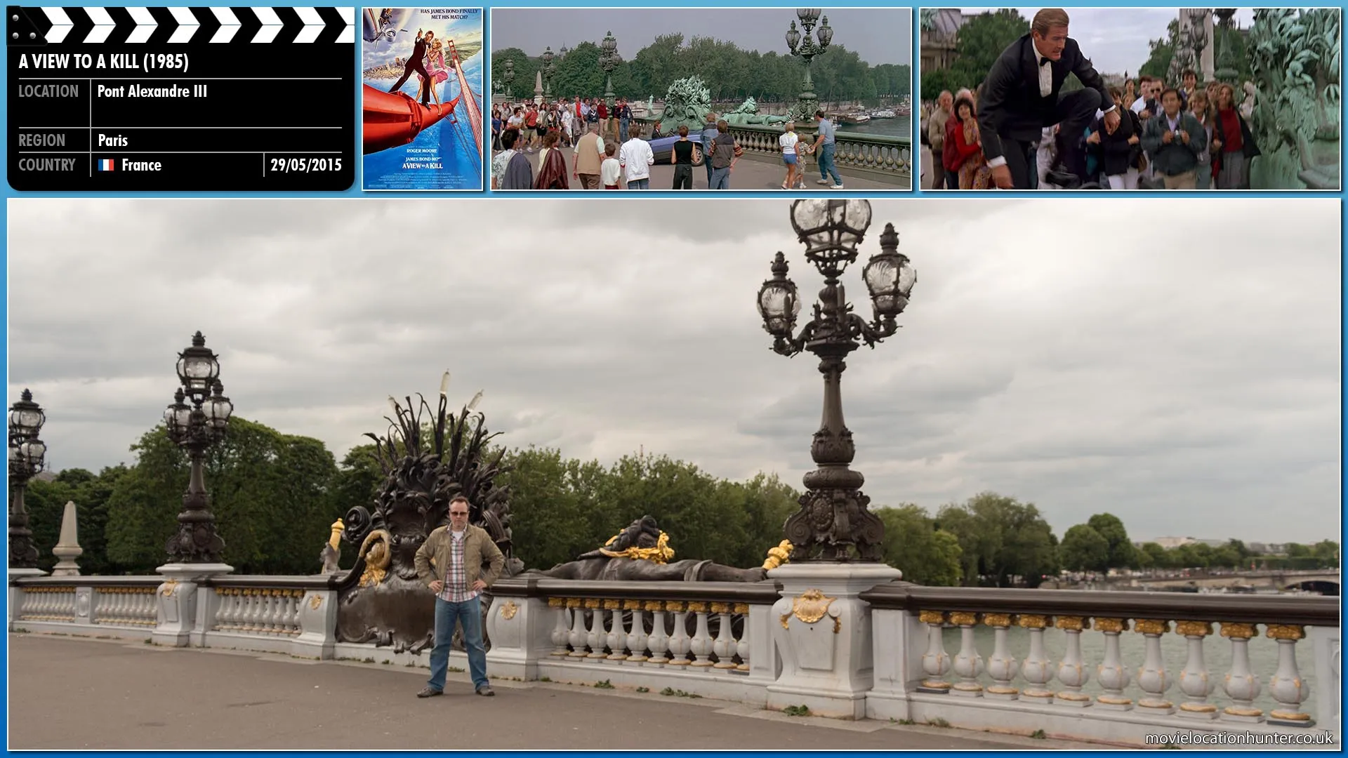 Filming location photo, shot in France, for A View to a Kill (1985). Scene description: Bond (Roger Moore) chases May Day (Grace Jones) through the streets of Paris as she parachutes onto a boat.  Bond jumps from a bridge onto a boat travelling under and crash lands into a wedding reception as May Day is picked up by a speedboat.