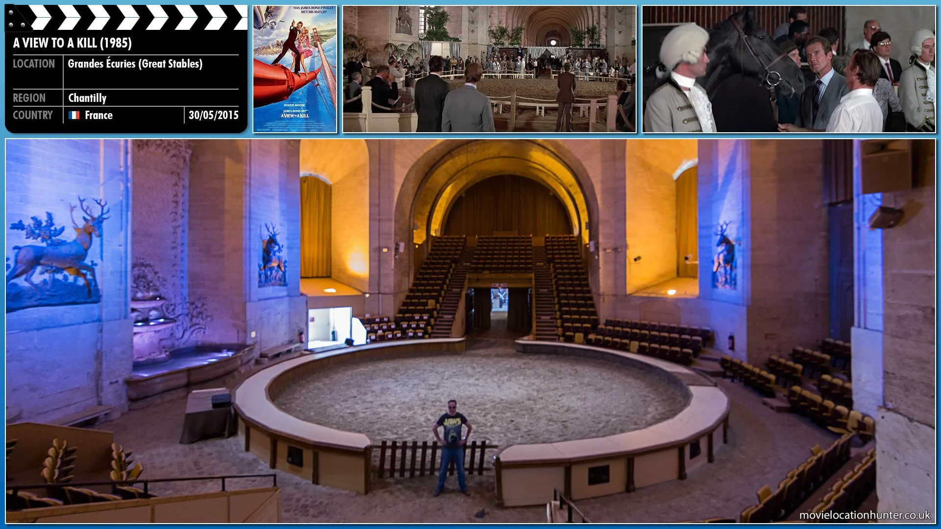 Filming location photo, shot in France, for A View to a Kill (1985). Scene description: Bond (Roger Moore) inspects the horses whilst Scarpine (Patrick Bauchau) whispers to Zorin (Christopher Walken) about their new guest which results in both Zorin and May Day (Grace Jones) turning their attention to Bond.