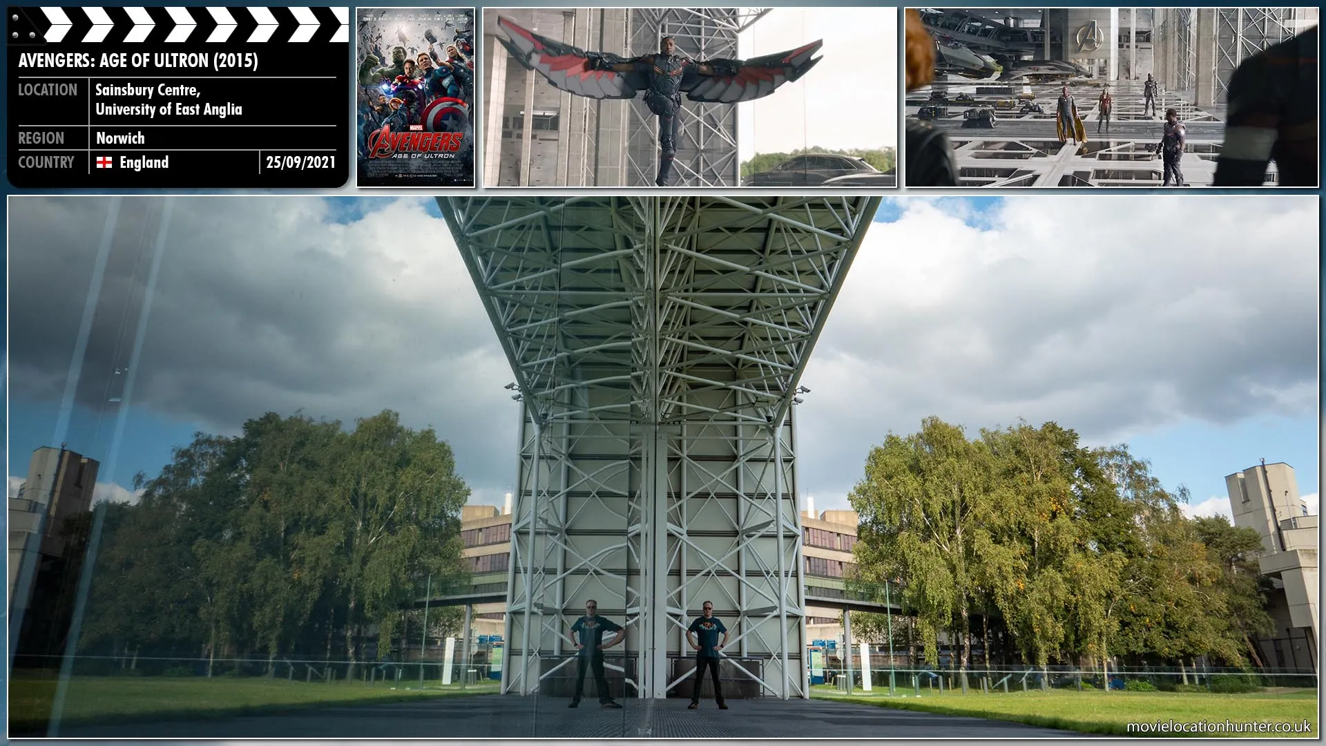 Filming location photo, shot in England, for Avengers: Age of Ultron (2015). Scene description: Captain America (Chris Evans) and Romanoff (Scarlett Johansson) prepare to train the new team of Avengers: James Rhodes (Don Cheadle), the Vision (Paul Bettany), Falcon (Anthony Mackie), and Wanda (Elizabeth Olsen).