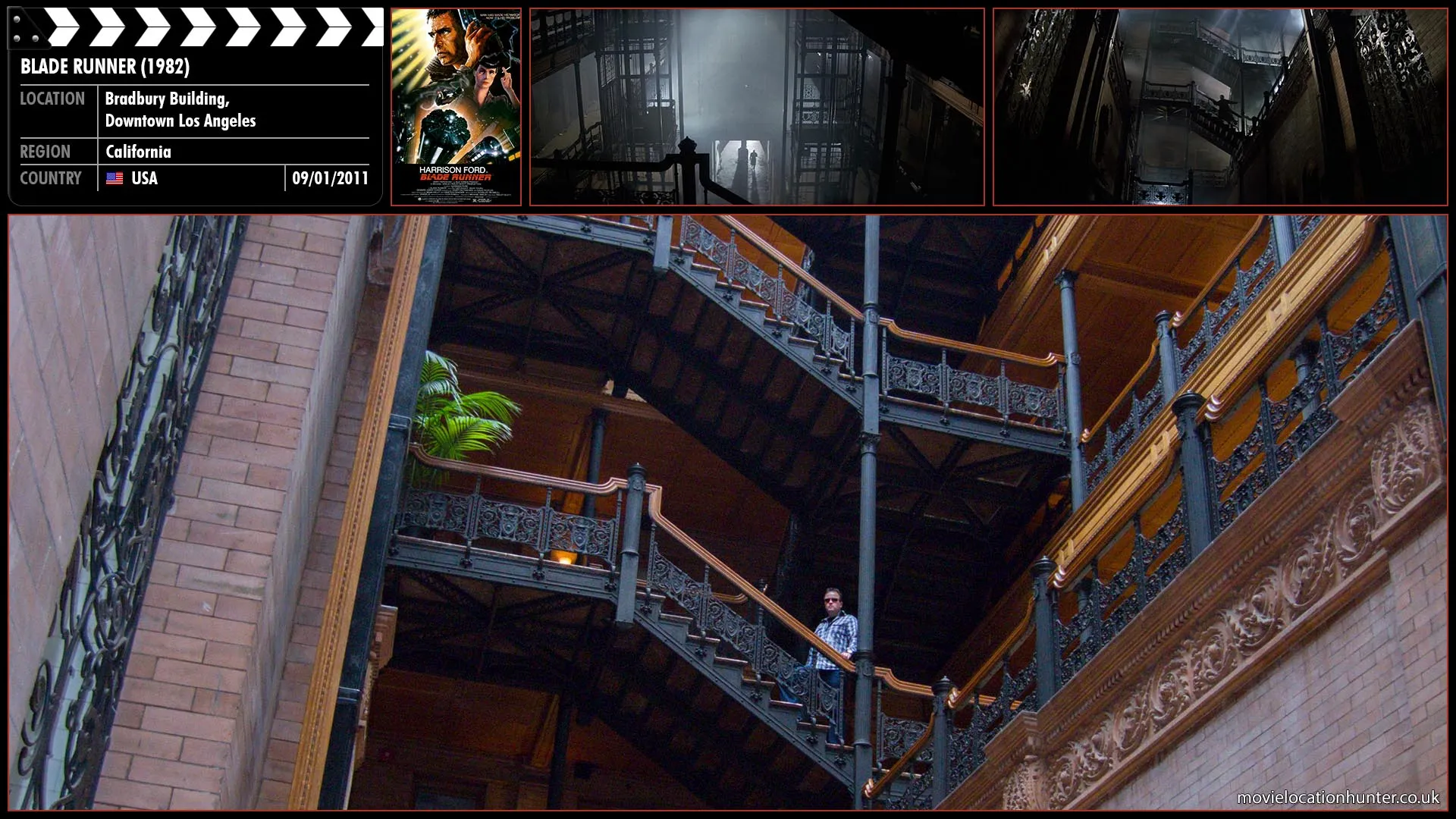 Filming location photo, shot in USA, for Blade Runner (1982). Scene description: Deckard (Harrison Ford) drives to Sebastian's apartment and searches for evidence. As Deckard searches the cluttered mess of puppets and mannequins, he is surprised by a disguised Pris (Daryl Hannah), who assaults him using acrobatics.  she performs a series of back flips to finish Deckard off, he shoots her through the abdomen. She spasms violently for a few moments before Deckard shoots her twice more and finally kills her.