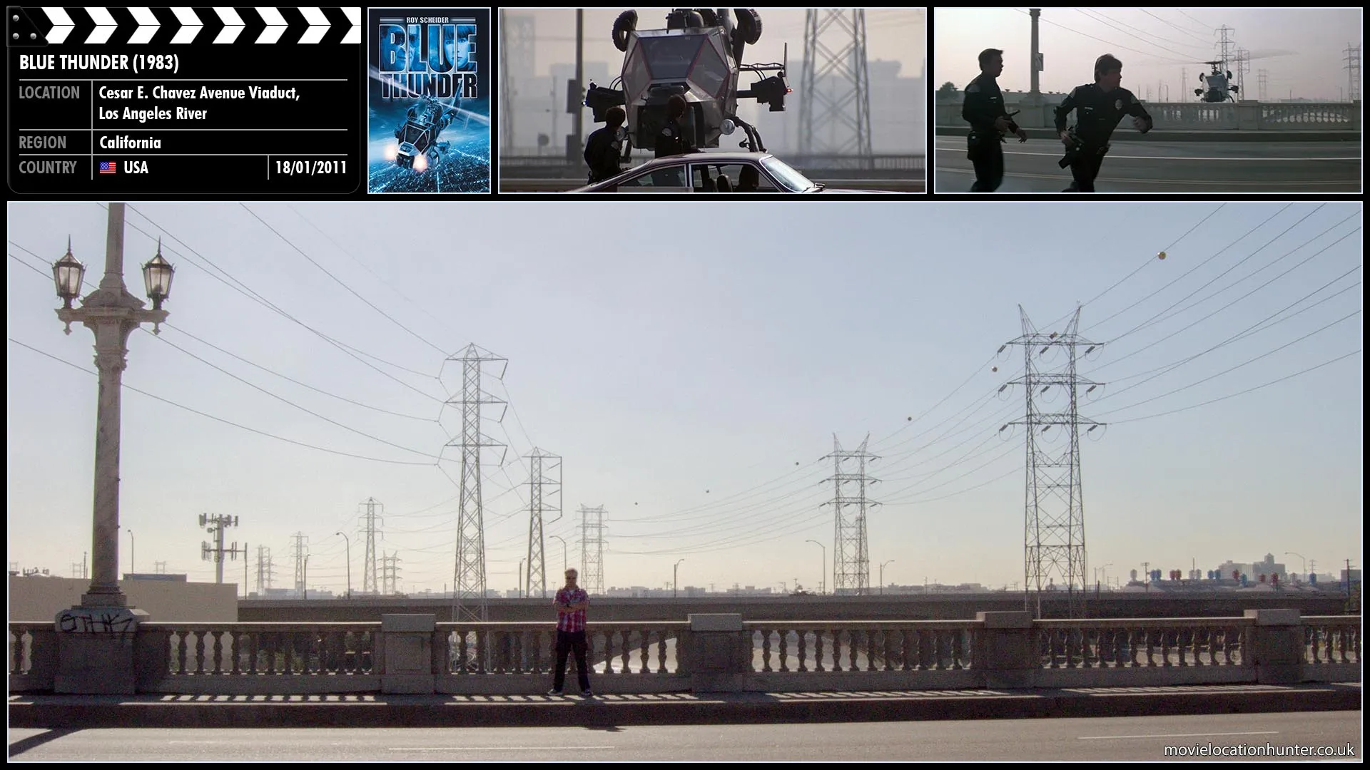 Filming location photo, shot in USA, for Blue Thunder (1983). Scene description: Kate (Candy Clark) is driving calmly when another police car recognizes her after being contacted by Cochrane to detain her. She tries to evade, but her small car cannot outrun a police car. She is stopped on a bridge when cornered by two police cars. The officers, with pistols drawn, order her out of her car when Murphy (Roy Schneider) shows up in Blue Thunder. When the officers are distracted, she drives away. Murphy activates the cannon and fires a quick burst, cutting a police car in half and forcing the rest of the police cars to flee, but again causing no police casualties.