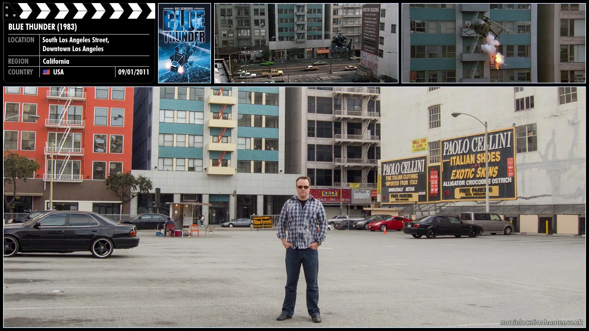 Filming location photo, shot in USA, for Blue Thunder (1983). Scene description: Murphy (Roy Schneider) tries to set an ambush by turning around and hovering behind a building and opens fire, but Cochrane (Malcolm McDowell) gets away, as his lighter armored chopper is faster and more maneuverable.