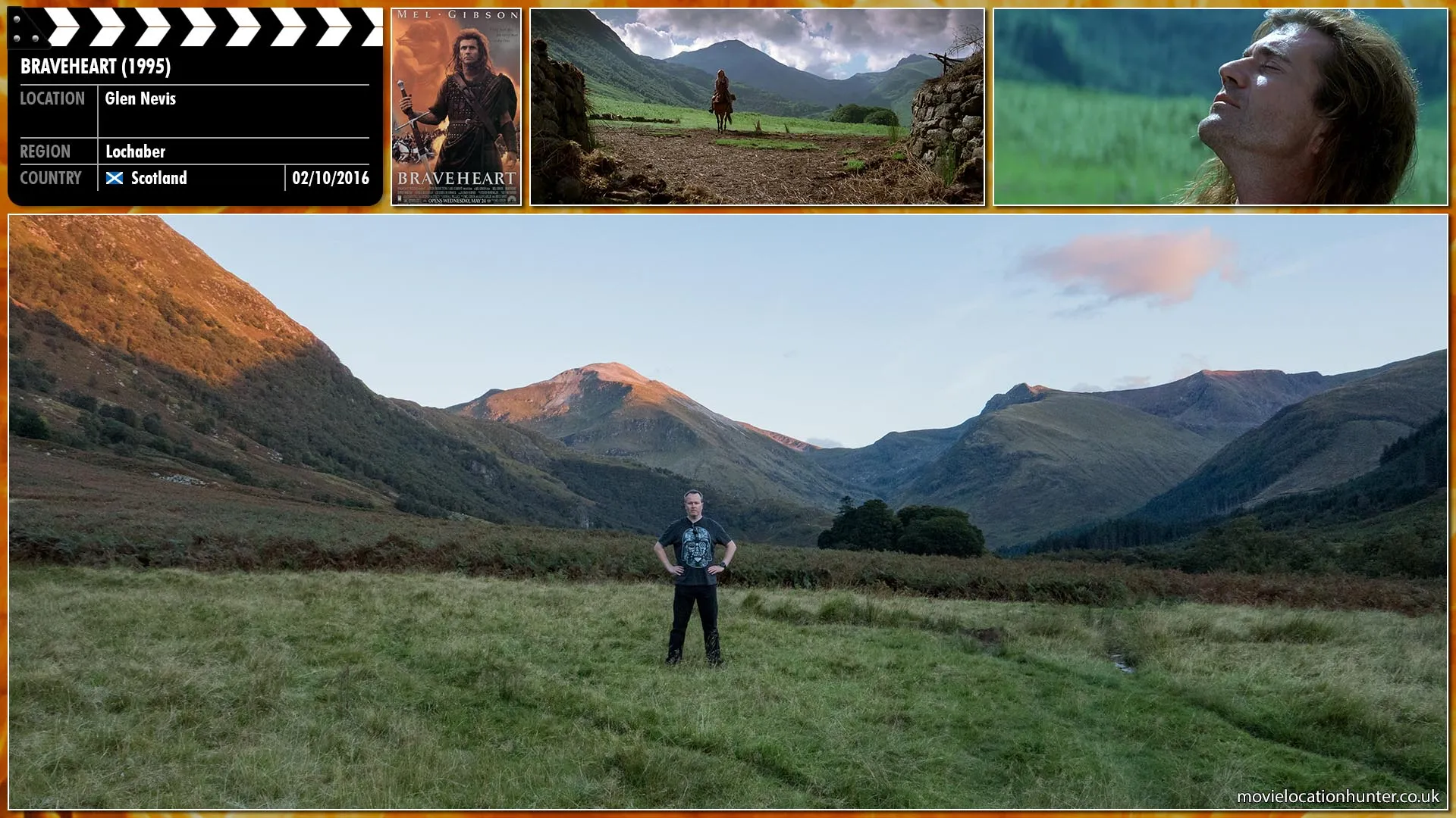 Filming location photo, shot in Scotland, for Braveheart (1995). Scene description: Used in several scenes where we see Young William Wallace witness Longshanks' treachery and survives the deaths of his father and brother and later on where a grown Wallace returns to Scotland and falls in love with his childhood friend Murron MacClannough.