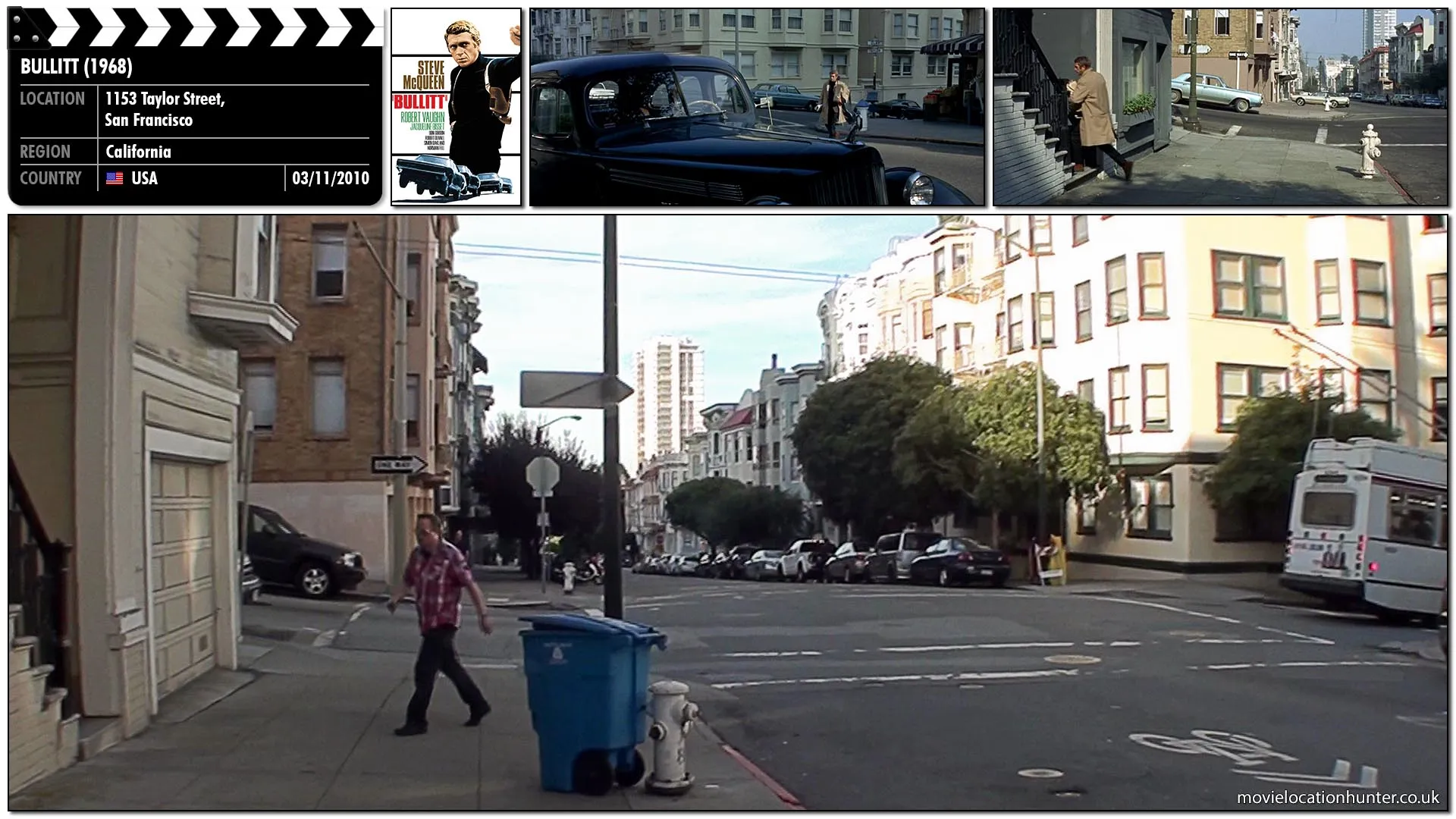 Filming location photo, shot in USA, for Bullitt (1968). Scene description: Frank (Steve McQueen) goes home to shower and get some rest.