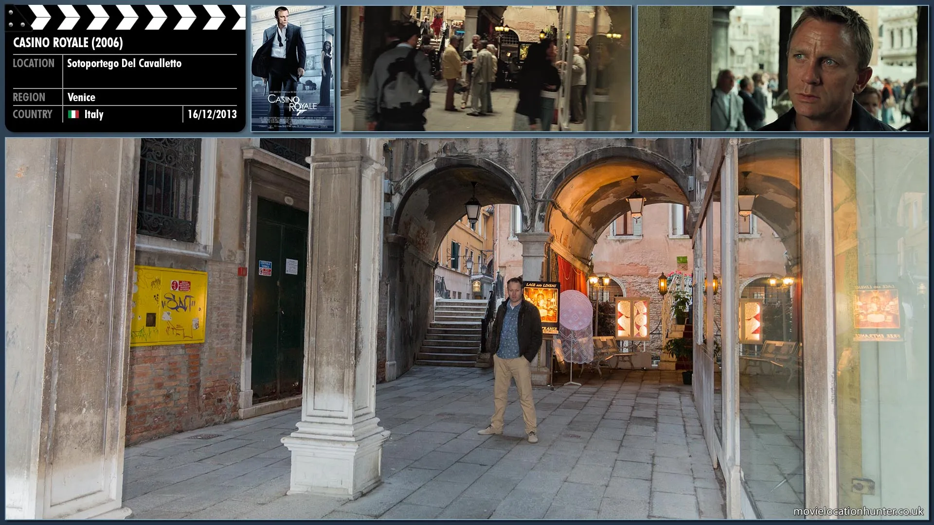Filming location photo, shot in Italy, for Casino Royale (2006). Scene description: Rushing from the bank into the crowded square Bond (Daniel Craig) catches and glimpse of Vesper (Eva Green) has walks over a canal bridge.