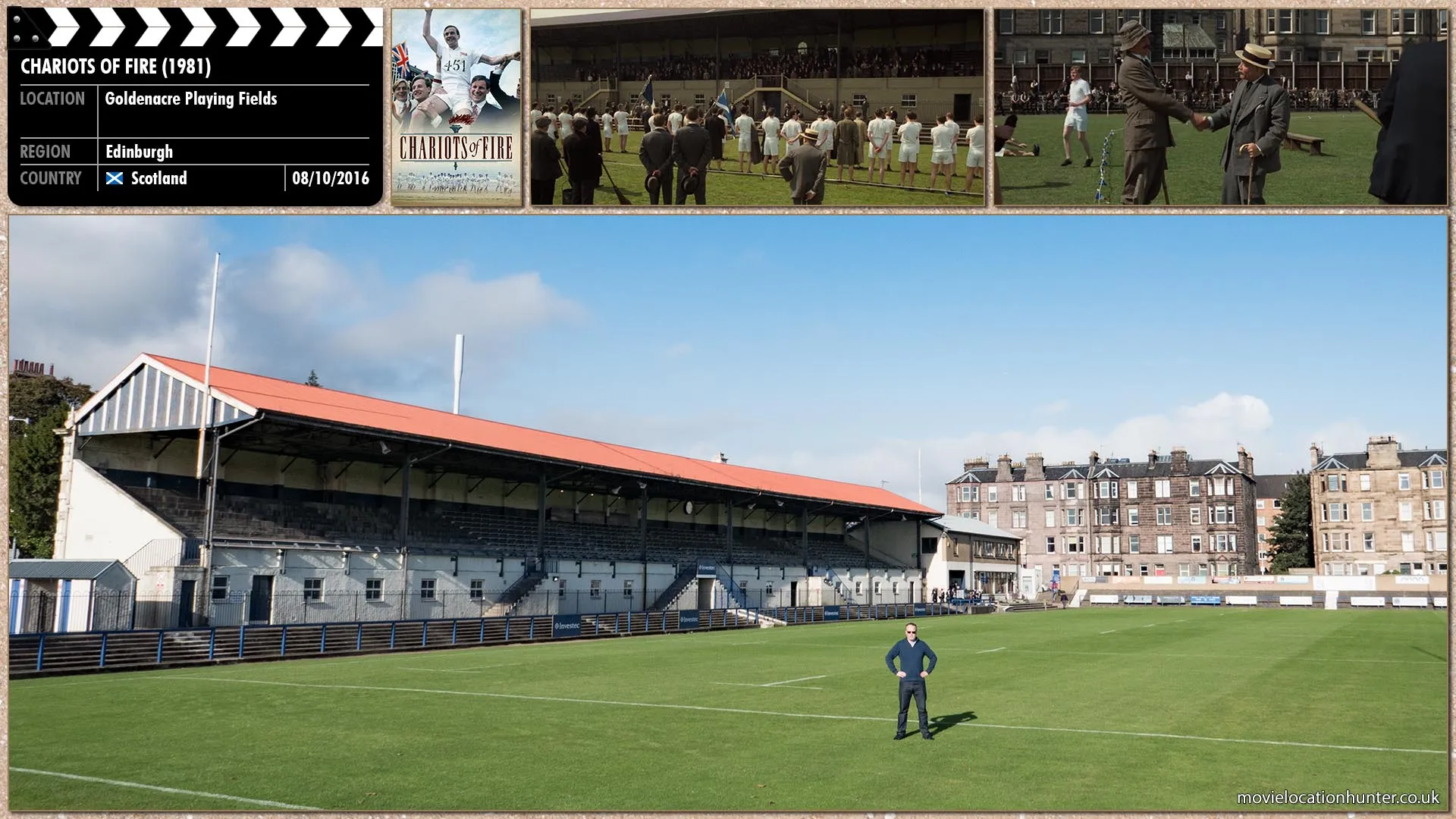 Filming location photo, shot in Scotland, for Chariots of Fire (1981). Scene description: Eric Liddell is tripped up by a Frenchman in the 400-metre event of a Scotland–France international athletic meeting. He recovers, makes up a 20-metre deficit, and wins.