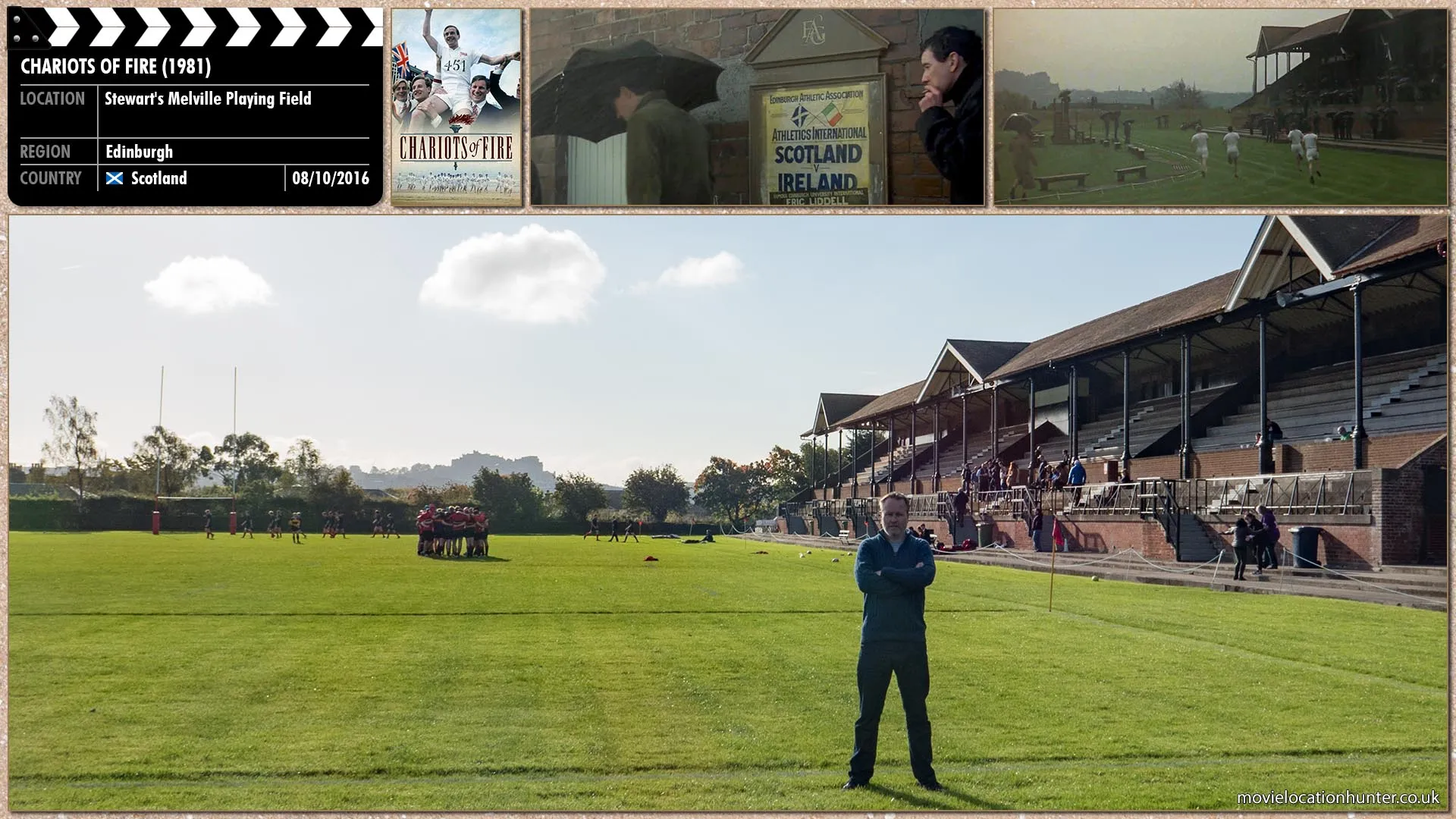 Filming location photo, shot in Scotland, for Chariots of Fire (1981). Scene description: Scotland vs Ireland althletics meet where Eric Liddell's makes his speech to the post-race workingmen's crowd.