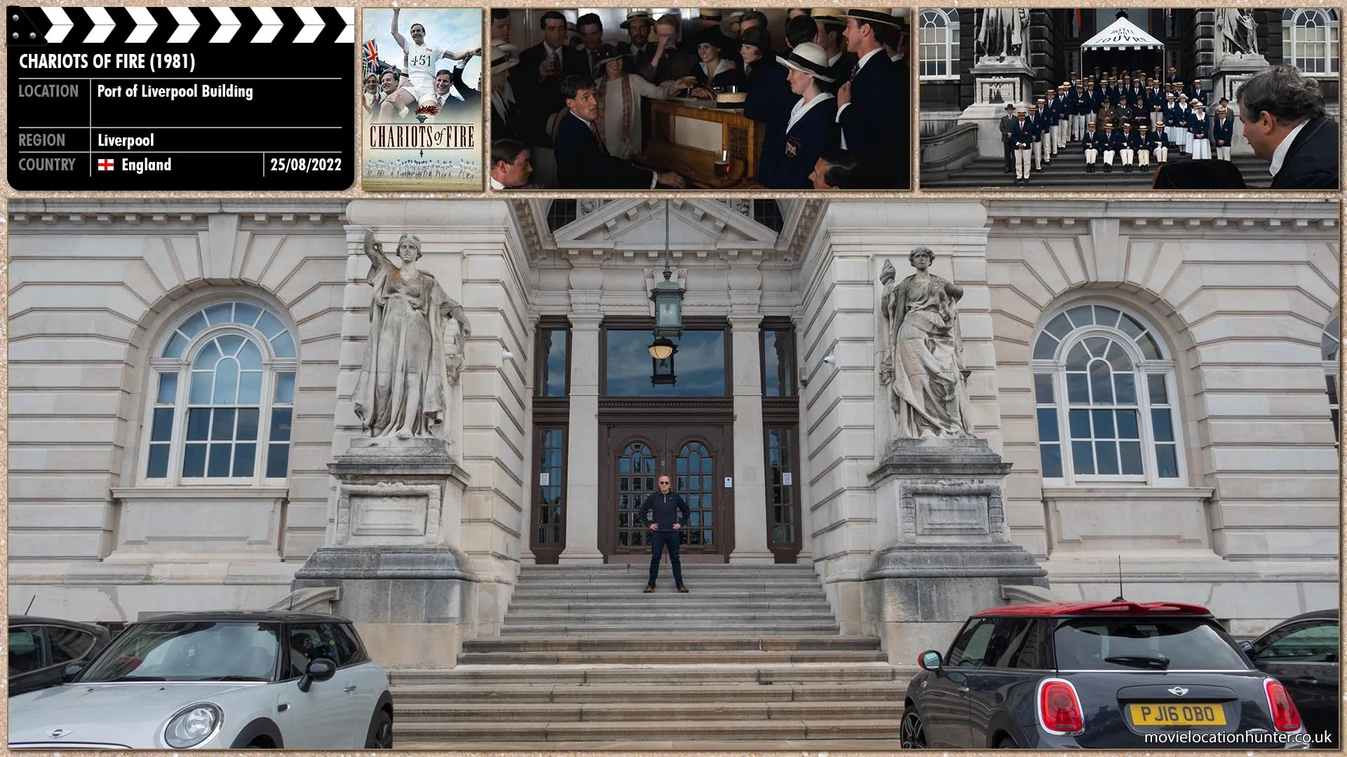 Filming location photo, shot in England, for Chariots of Fire (1981). Scene description: On the British team's hotel steps, the team is assembled in all its glory.  Every man in full Olympic ceremonial, straw hat squarely, immaculately, straight on the head.  Blazer, tie, white flannels and polished shoes.  They stand for the official team photograph.