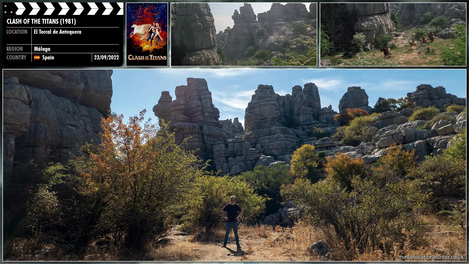 Filming location photo, shot in Spain, for Clash of the Titans (1981). Scene description: Perseus (Harry Hamlin) leads the way as Andromeda (Judi Bowker), Ammon (Burgess Meredith), Thallo (Tim Pigott-Smith) and some soldiers follow.