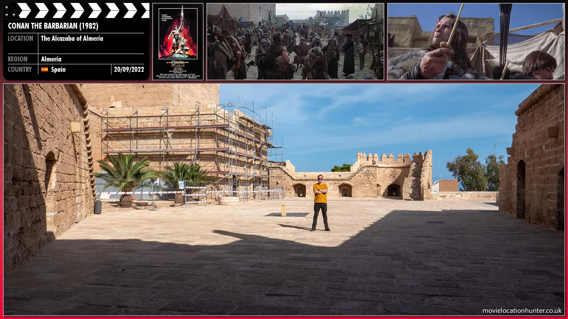 Filming location photo, shot in Spain, for Conan the Barbarian (1982). Scene description: Conan (Arnold Schwarzenegger) and Subotai (Gerry Lopez) wander through a crowded narror street bazaar.  Everything is available here: weapons, clothing, jewelry, slaves, pleasure.  Conan is a tourist.  He has never been to a town before.  He has never seen commerce.