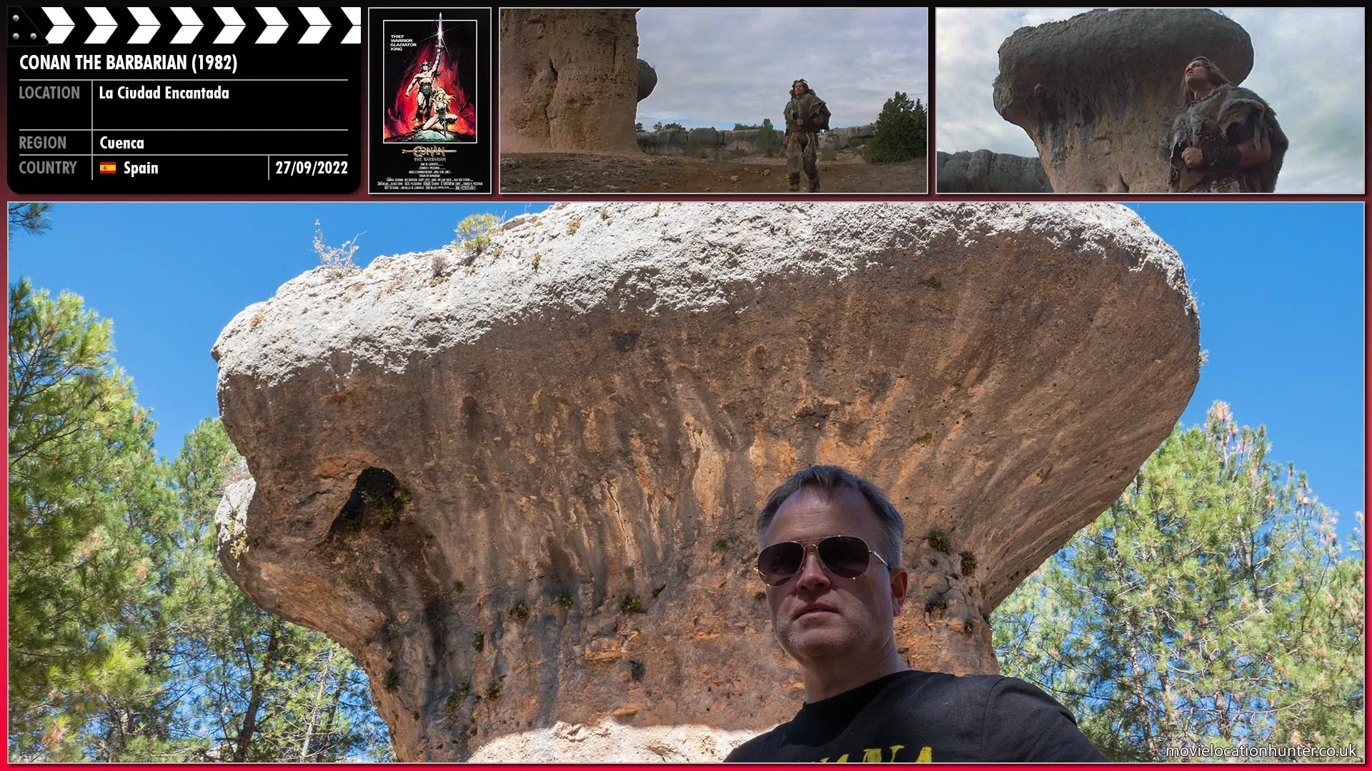 Filming location photo, shot in Spain, for Conan the Barbarian (1982). Scene description: Conan (Arnold Schwarzenegger) travels the land and arrives at an area of strange poles and rocks.