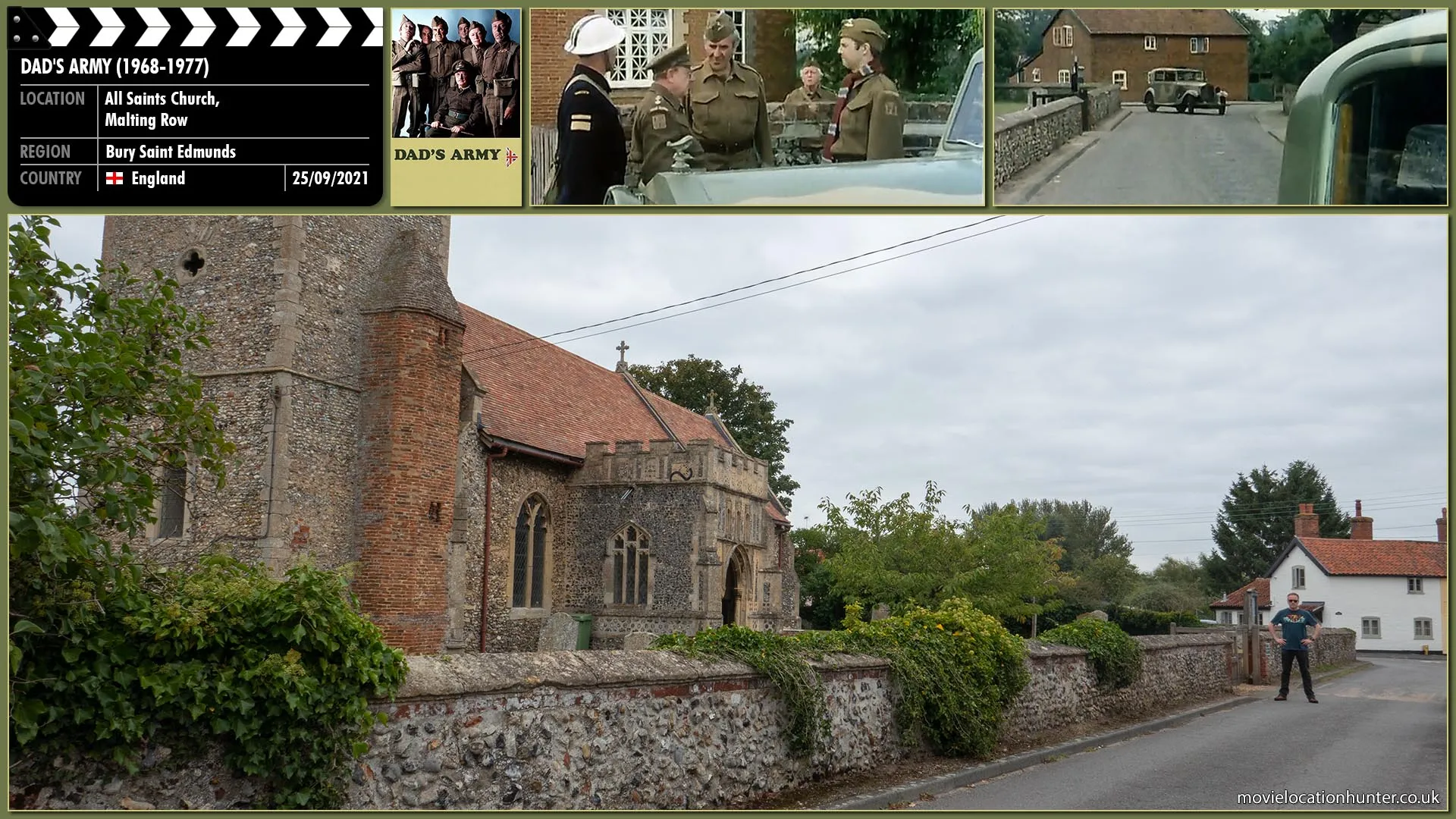 Filming location photo, shot in England, for Dad's Army (1968). Scene description: Malting Row road was used in various episodes throughout the series.  In this instance the reference shots are from the episode The Captain's Car (Series 7, Episode 5) where Capt. Mainwaring (Arthur Lowe), along with Wilson (John Le Mesurier), Pike (Ian Lavender), Godfrey (Arnold Ridley) and Chief Warden Hodge (Bill Pertwee) inspect his new staff car only for an identical one to arrive shortly after by mistake.
