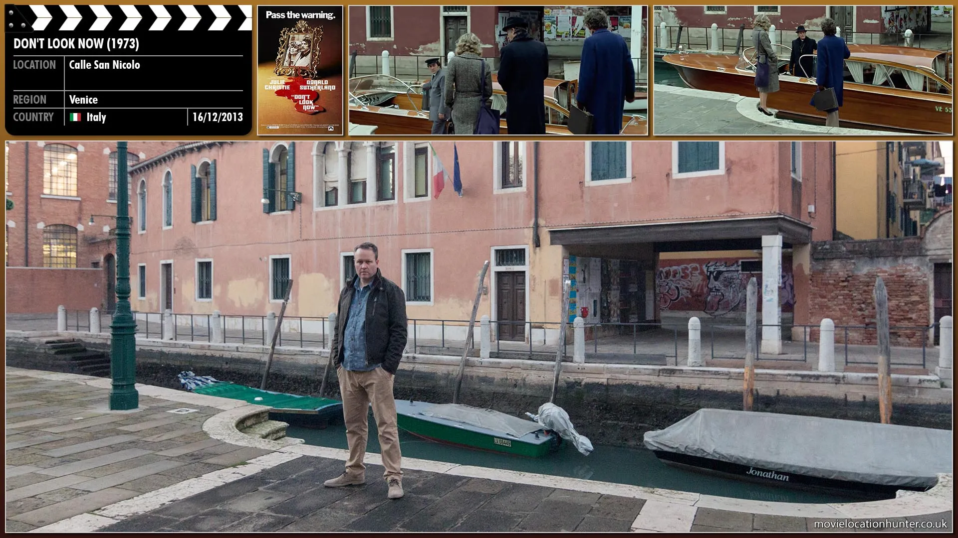 Filming location photo, shot in Italy, for Don't Look Now (1973). Scene description: John (Donald Sutherland) and Laura (Julie Christie) stand on the landing stage and wave goodbye.  Their wave is given the briefest acknowledgment from the departing Bishop (Massimo Serato).