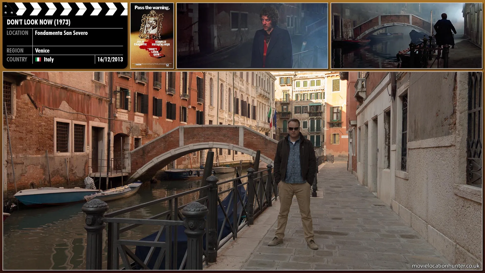 Filming location photo, shot in Italy, for Don't Look Now (1973). Scene description: Across the canal and running towards him, a small child (Adelina Poerio) is fleeing from the source of a man’s voice shouting.  John (Donald Sutherland) dashes forward to the canal edge and shouts across for the child to stop but the child barely pauses in her flight.  John chases her, crossing the canal via the bridge ahead.
