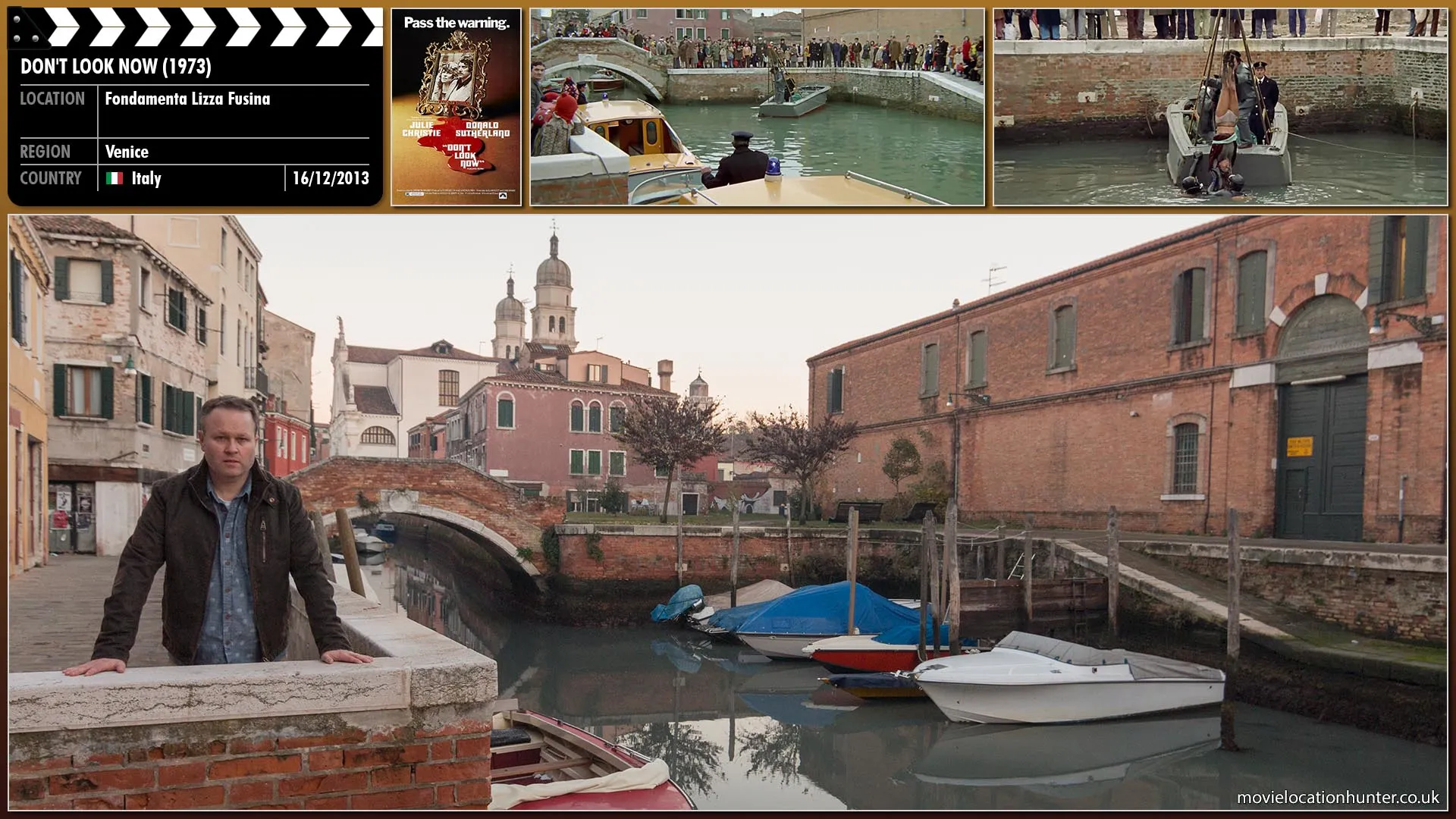 Filming location photo, shot in Italy, for Don't Look Now (1973). Scene description: Whilst walking, John (Donald Sutherland) and the bishop (Massimo Serato) come across a crowd watching the police recovering a body from the canal.