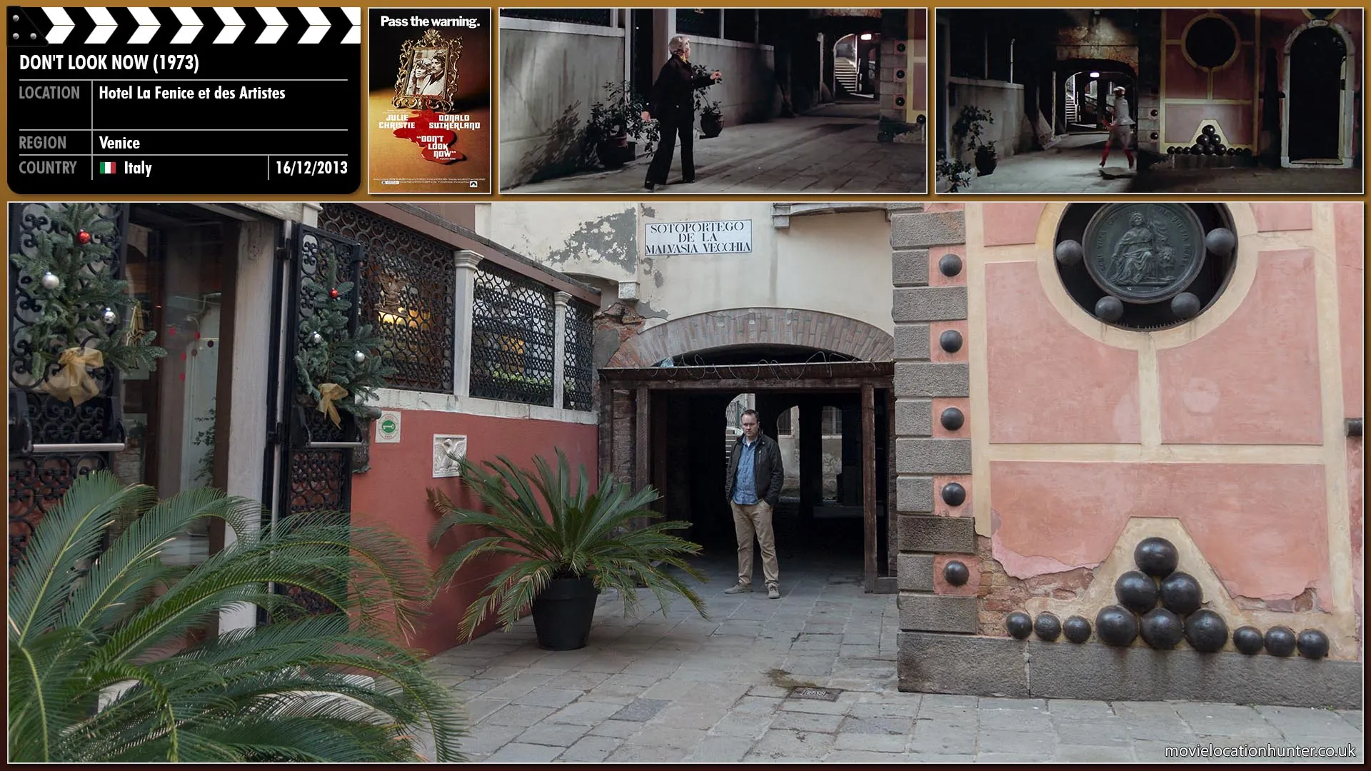 Filming location photo, shot in Italy, for Don't Look Now (1973). Scene description: Laura (Julie Christie) dashes across the little piazza, searching for her husband.