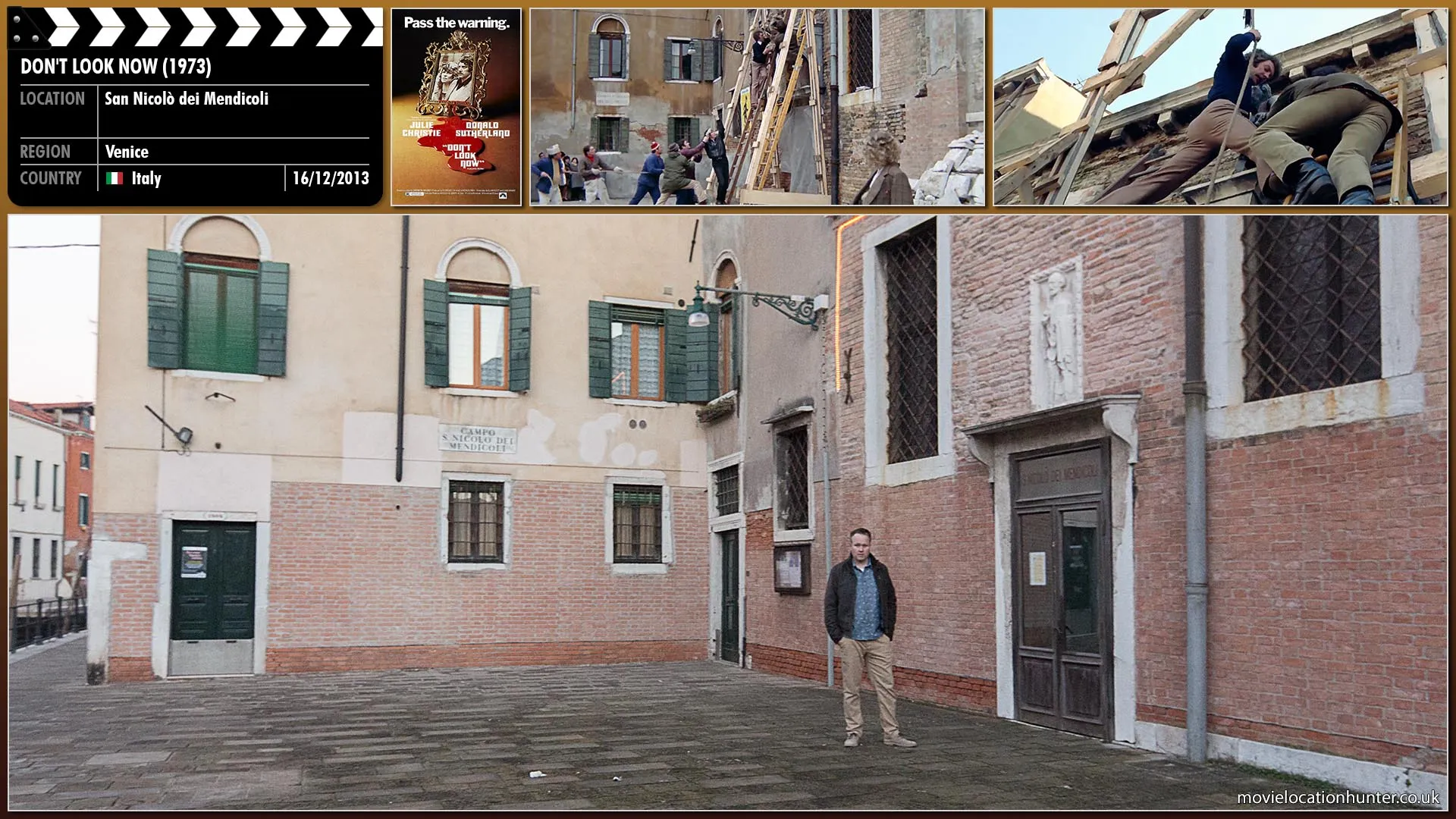 Filming location photo, shot in Italy, for Don't Look Now (1973). Scene description: A disinterested Laura (Julie Christie) watches as John (Donald Sutherland) guides a statue into place.  He pauses as he notices two elderly sisters, Heather (Hilary Mason) and Wendy (Clelia Matania) watching from afar.