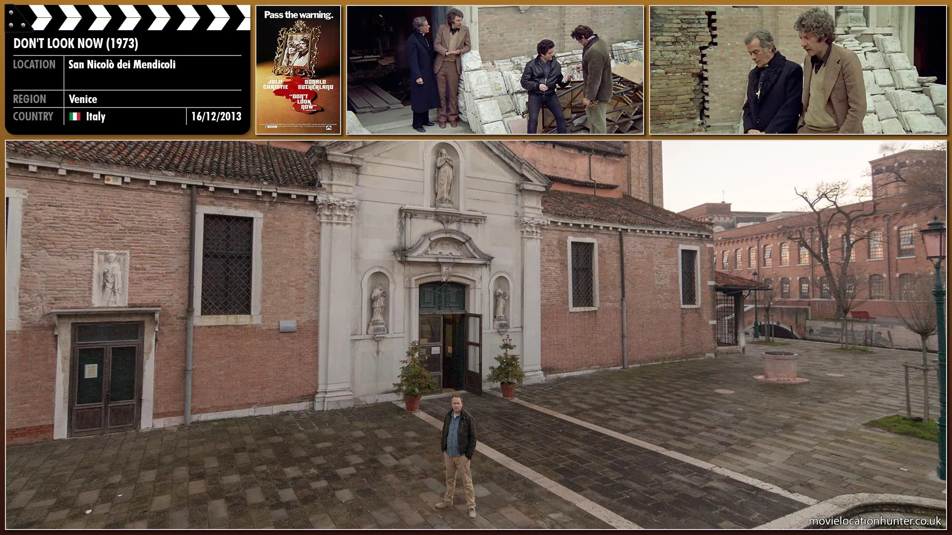 Filming location photo, shot in Italy, for Don't Look Now (1973). Scene description: John Baxter (Donald Sutherland) and his grief-stricken wife, Laura (Julie Christie), take a trip to Venice after John accepts a commission from a bishop (Massimo Serato) to restore an ancient church.
