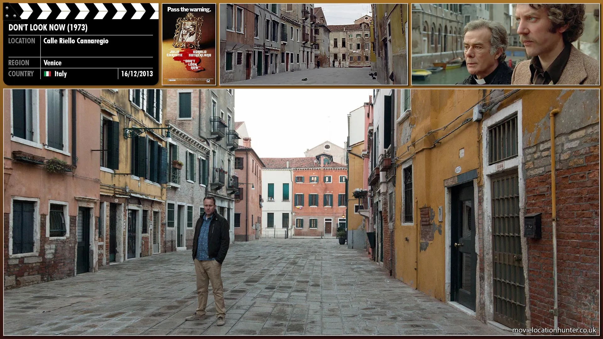Filming location photo, shot in Italy, for Don't Look Now (1973). Scene description: After a near fall, John (Donald Sutherland) explains to the bishop (Massimo Serato) that last night his wife was warned that he was in danger.
