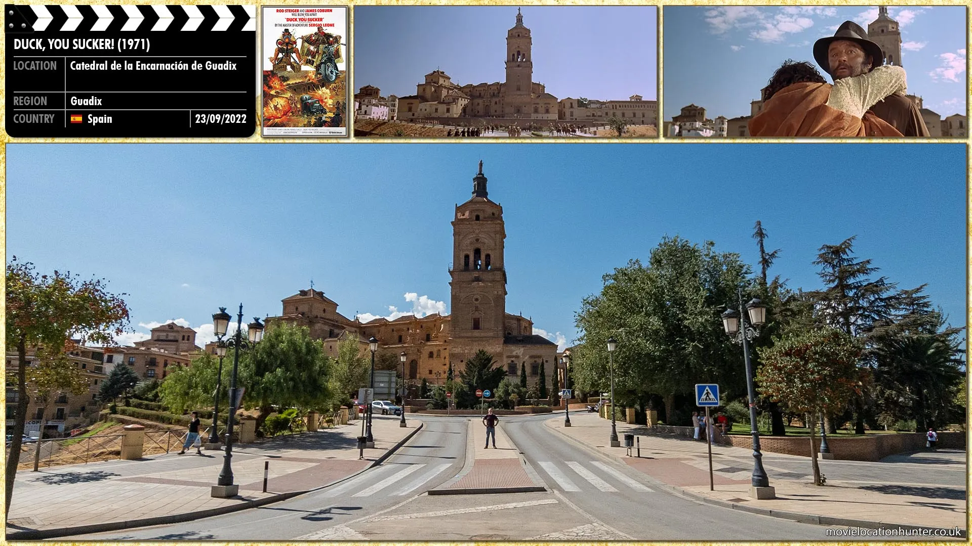 Filming location photo, shot in Spain, for Duck, You Sucker! (1971). Scene description: Juan (Rod Steiger) and his family arrive in Mesa Verde and are in awe of the city.  Suddenly, a prisoner runs from a passing escort and is shot falls into Juan’s arms.  Juan is hit with the realisation that the city is not the paradise he had believed it would be.