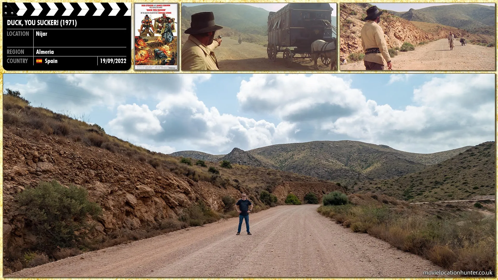 Filming location photo, shot in Spain, for Duck, You Sucker! (1971). Scene description: Afterwords, Juan (Rod Steiger) and his group hear explosions in the distance. Venturing to the source of the sounds, the Mexican bandit family meets John 'Sean' Mallory (James Coburn), an Irish Republican explosives expert on the run from the British.