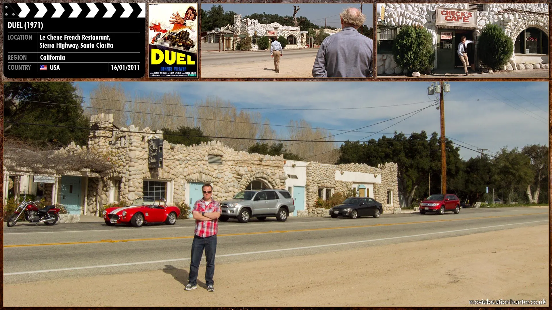 Filming location photo, shot in USA, for Duel (1971). Scene description: After swerving off the road at high speed, coming to rest after striking and damaging a wooden fence Mann (Dennis Weaver) enters the diner to compose himself. After returning from the restroom, he is shocked to see the truck parked outside the diner.