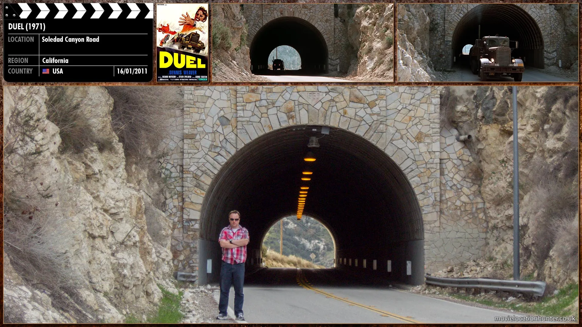 Filming location photo, shot in USA, for Duel (1971). Scene description: Unable to help move the school bus Mann (Dennis Weaver) panics when he sees the truck at the other end of the tunnel.  The truck starts to approach and frantically, Mann manages to free his vehicle and flee, just as the semi truck arrives and pushes the bus.