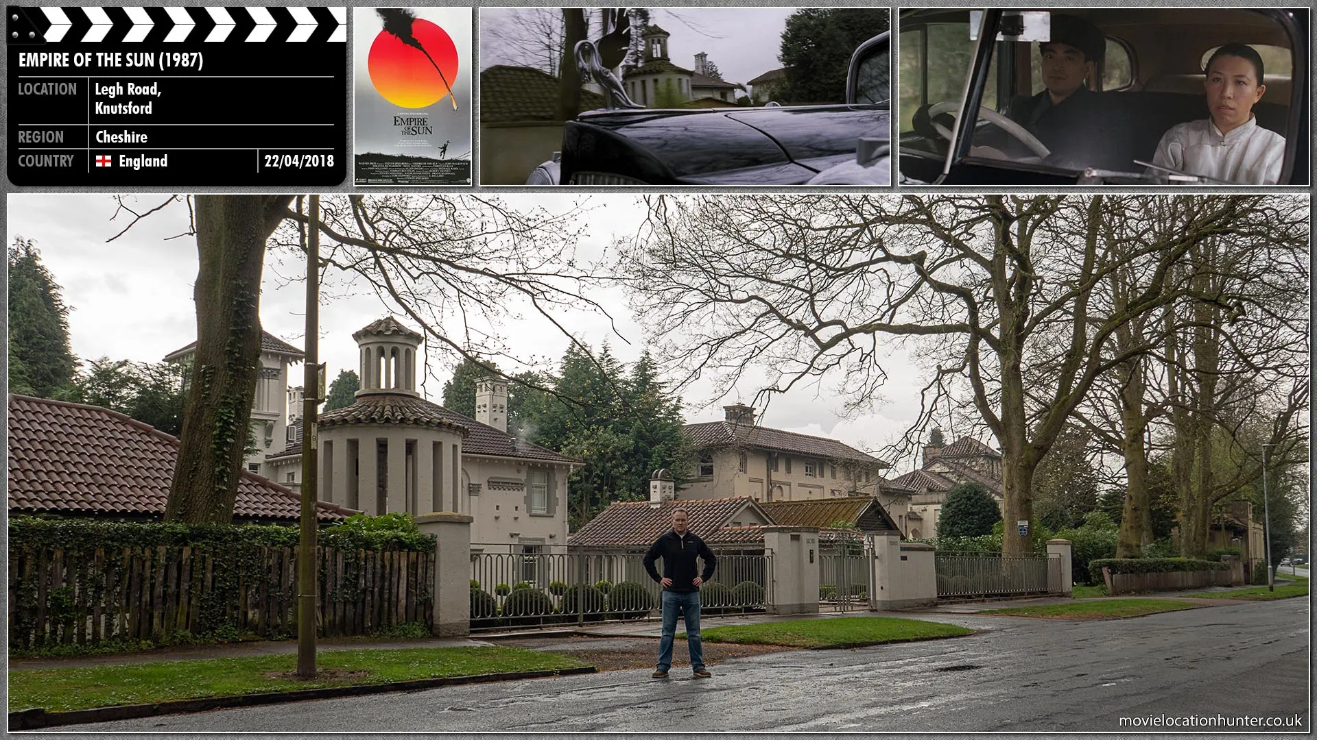 Filming location photo, shot in England, for Empire of the Sun (1987). Scene description: A chauffeur driven car passes the gateways of the European houses bringing 11-year-old Jamie (Christian Bale) back from his exclusive prep school.
