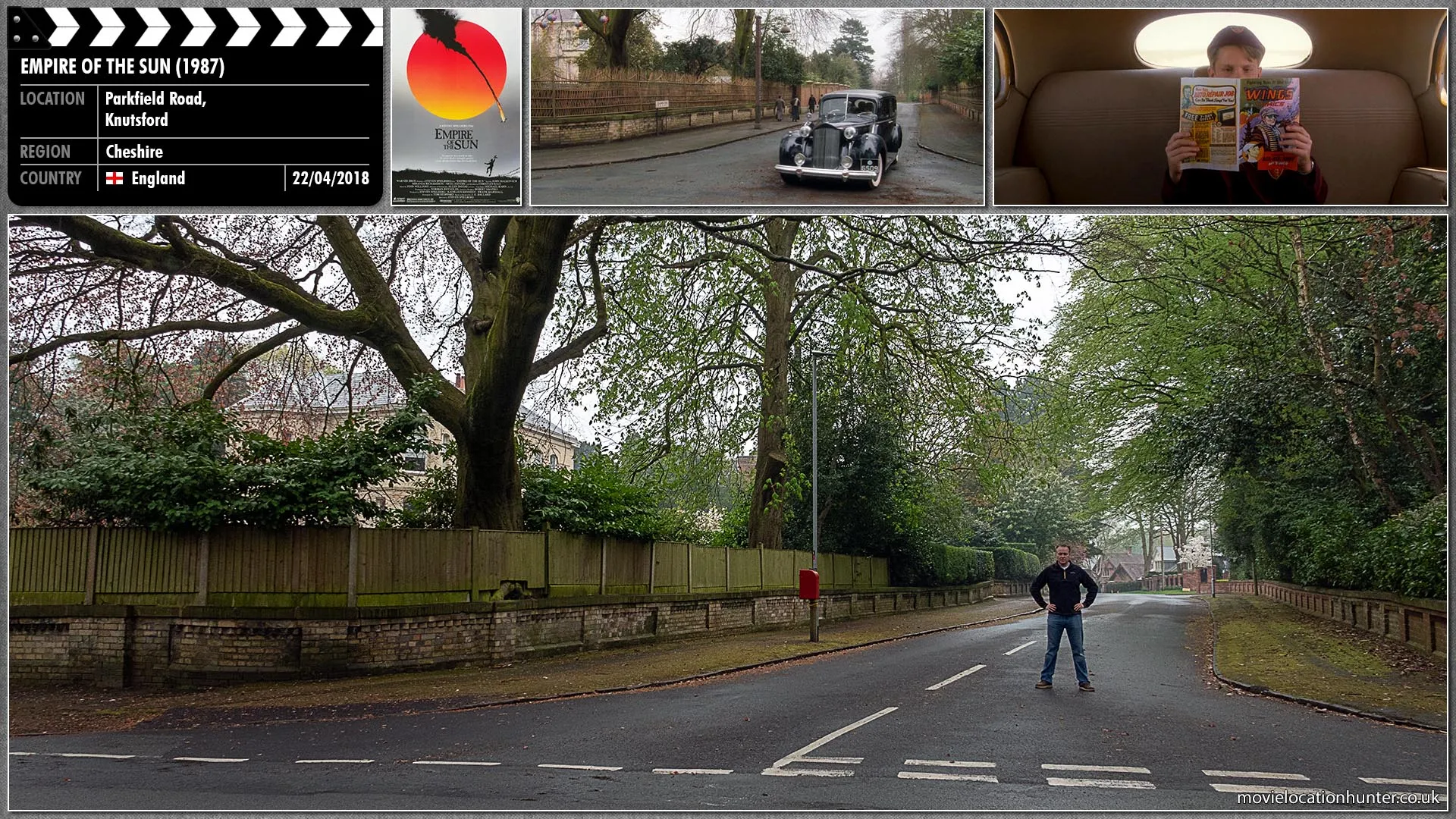 Filming location photo, shot in England, for Empire of the Sun (1987). Scene description: Returning from school Jim (Christian Bale) sits in the back of a chauffeur driven car reading his comic totally oblivious to the locals and beggars they pass on the way to his home.