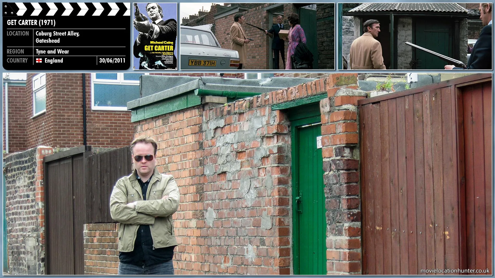 Filming location photo, shot in England, for Get Carter (1971). Scene description: Edna (Rosemarie Dunham) comes out of the back gate into an alley. Con (George Sewell) emerges from his hiding place holding a handgun. Carter (Michael Caine) appears from the gate next door, covering Con with the shotgun. He takes Con's handgun and signals him to go into Edna's yard. Con goes in. Carter closes and bolts the door. He moves quickly back to Edna and the car.