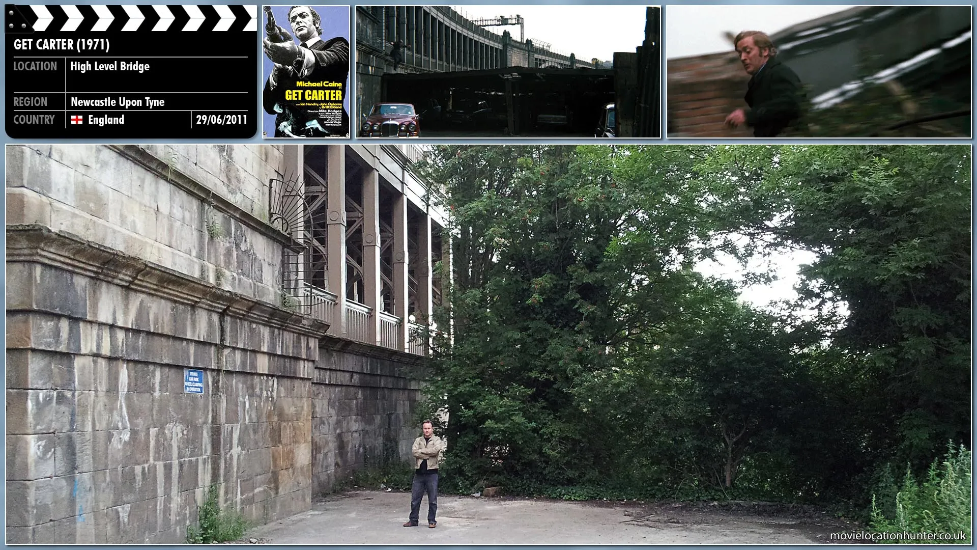 Filming location photo, shot in England, for Get Carter (1971). Scene description: Carter (Michael Caine) runs towards the end of the bridge and suddenly he vaults over the handrail on to a corrugated roof.