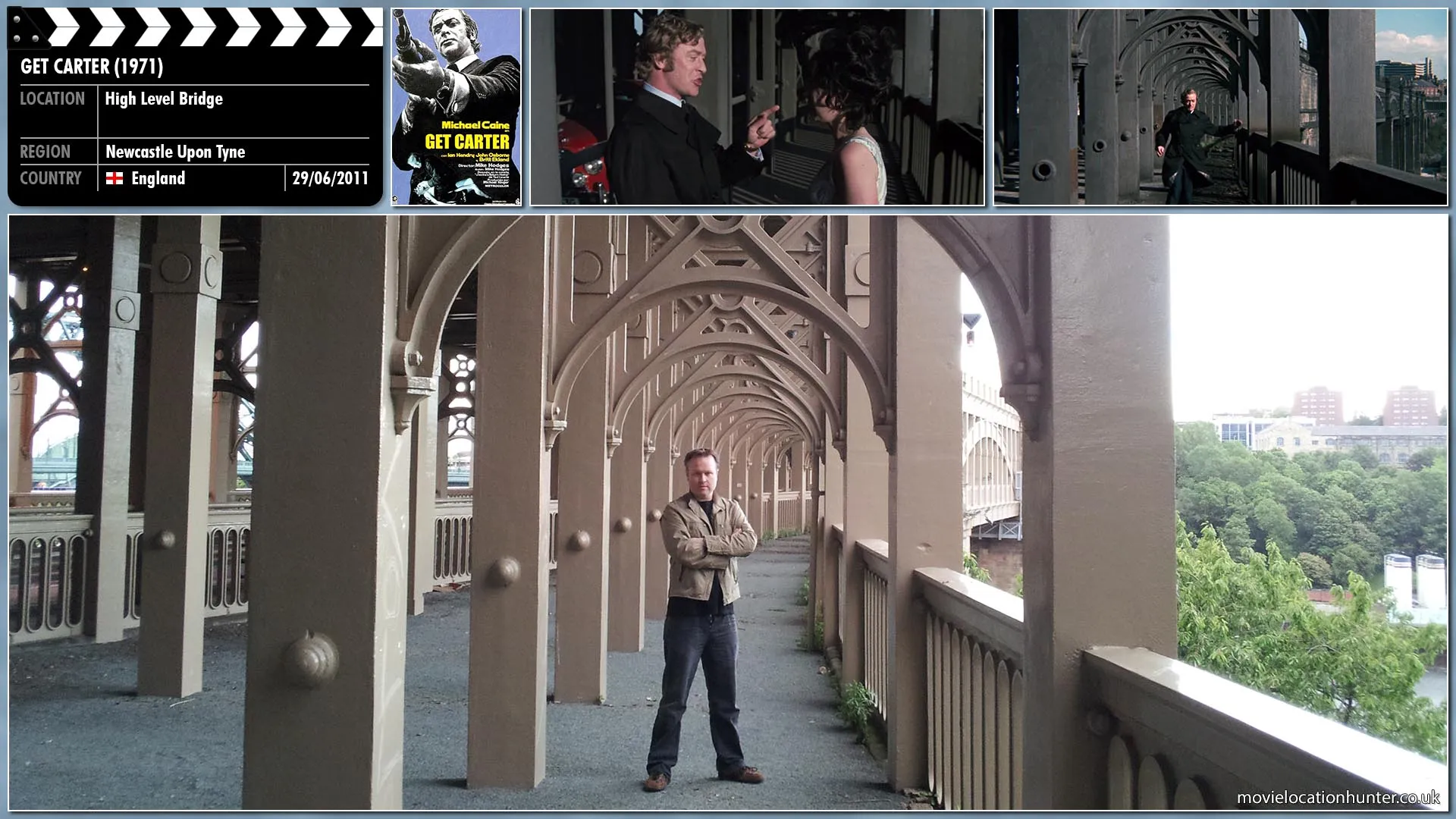 Filming location photo, shot in England, for Get Carter (1971). Scene description: Behind Carter (Michael Caine), Peter's (Tony Beckley) Jaguar comes slowly along the bridge. It stops. The passenger side is a gaping hole.  Carter swings round to see them, then swings angrily back to Margaret. He smacks her hard across the face. Margaret cries out. The car draws alongside. A steel mesh separates the pedestrian way from the traffic, so the two men can't get to Carter until he reaches the end of the bridge.  Carter runs.