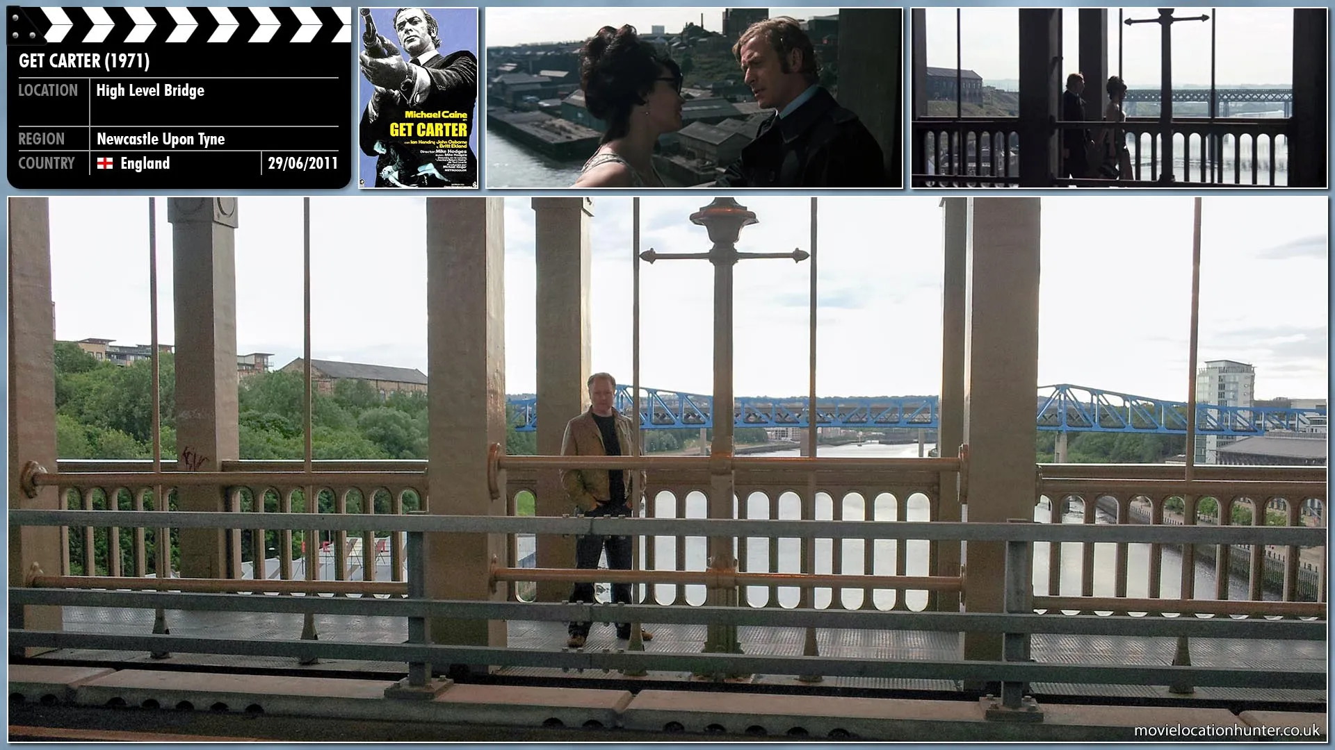 Filming location photo, shot in England, for Get Carter (1971). Scene description: The bridge is a, massive structure. The traffic lanes are flanked each side by pedestrian walkways. It is here that Carter (Michael Caine) and Margaret (Dorothy White) have arranged to meet.