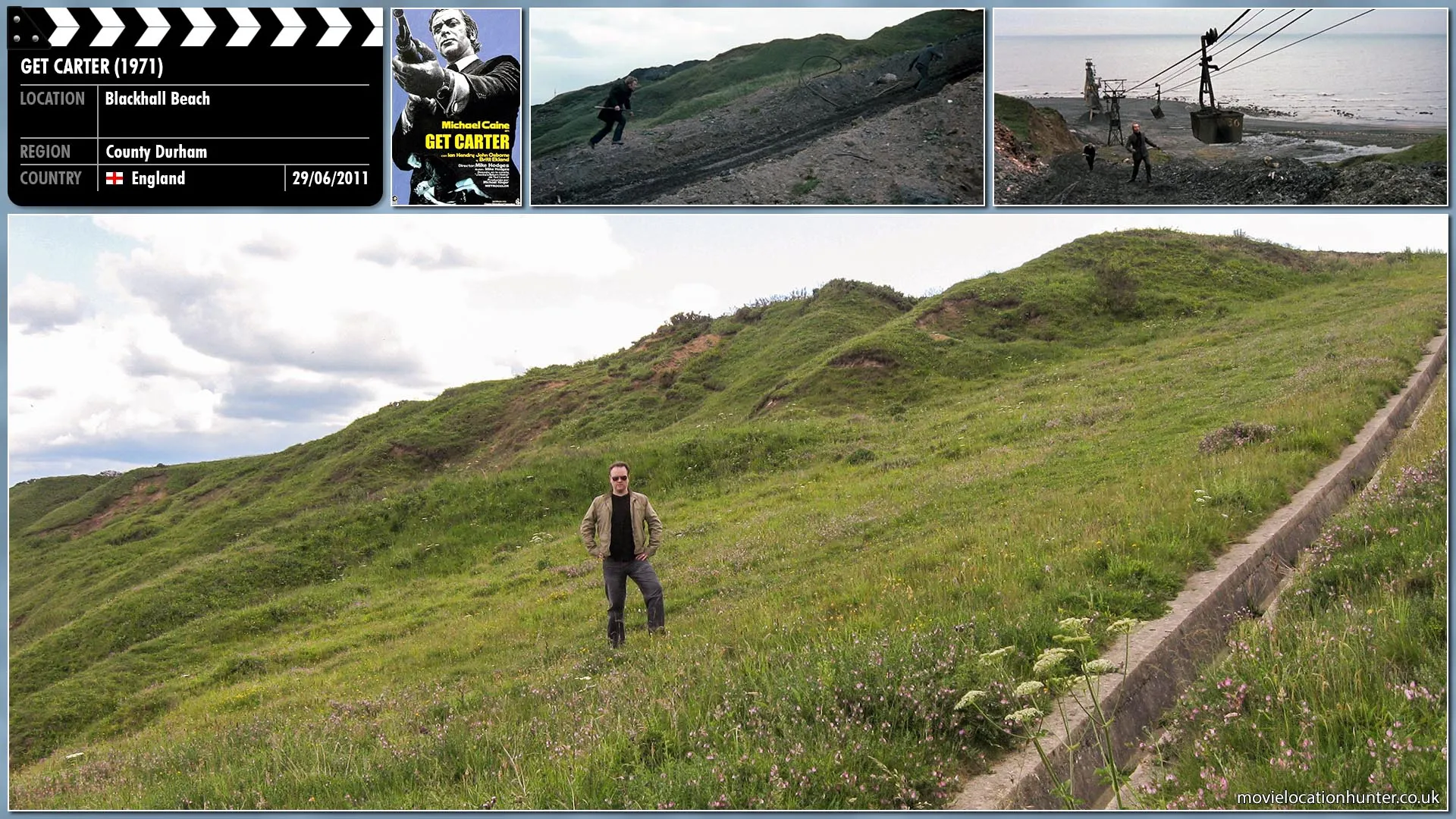 Filming location photo, shot in England, for Get Carter (1971). Scene description: Eric (Ian Hendry) scrambles up the narrow valley down which the coal slag travels. He is panting horribly. Carter (Michael Caine) is close on his heels.