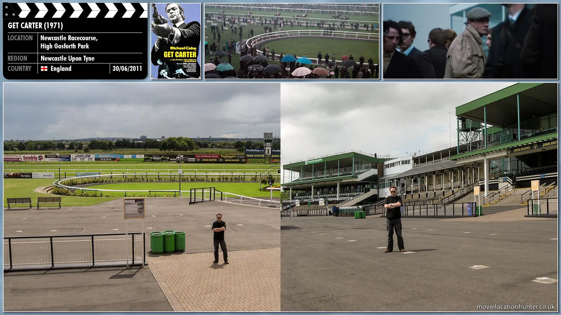 Filming location photo, shot in England, for Get Carter (1971). Scene description: Albert Swift (Glynn Edwards) is standing by a bookmaker's marking his race card with a biro. He looks up, and his mouth drops open, as he sees Carter (Michael Caine) pushing his way along the line of bookies, all the time looking about him. Albert pales. He holds his race card in front of his face and disappears into the crowd.