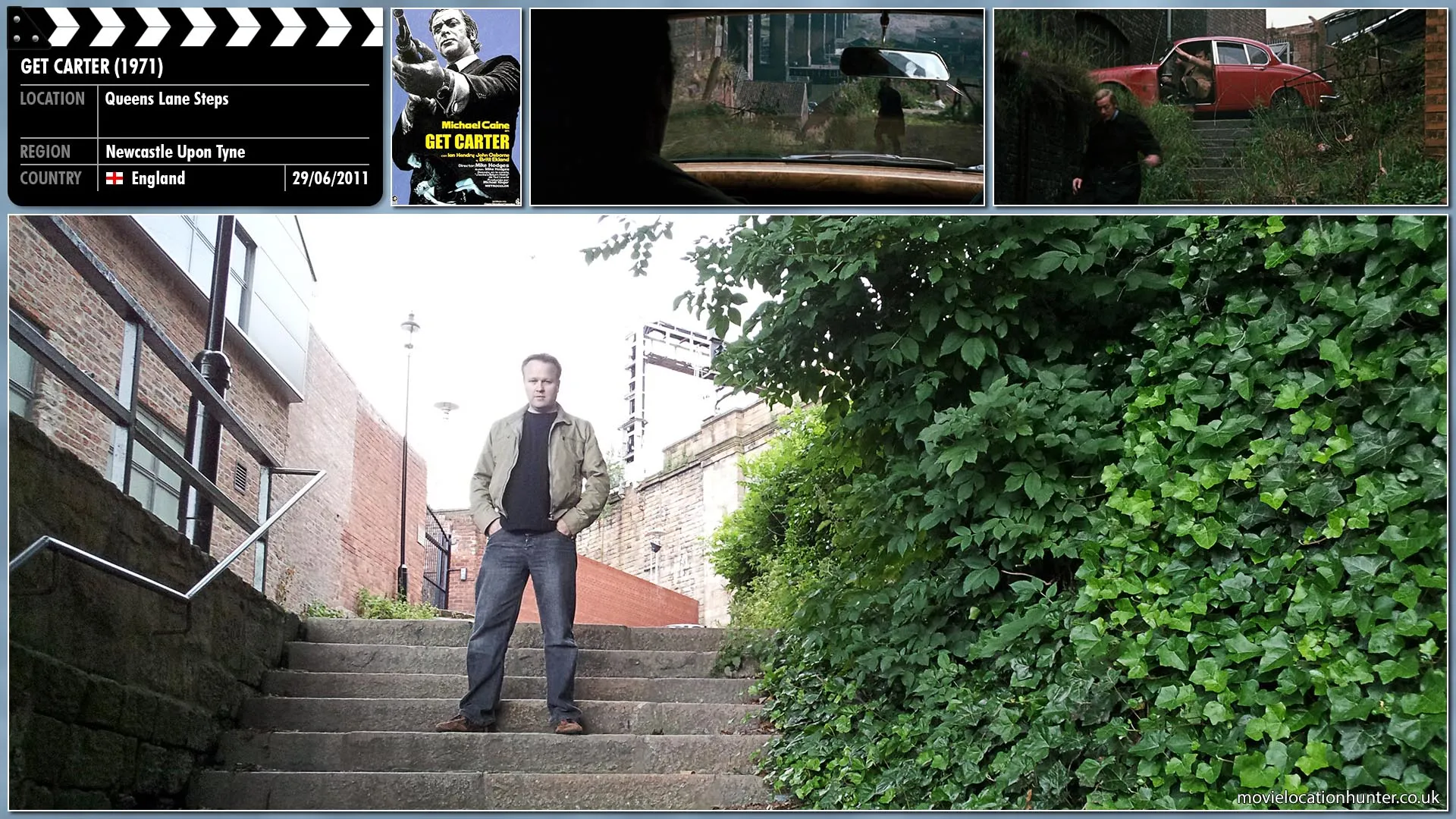 Filming location photo, shot in England, for Get Carter (1971). Scene description: Peter's (Tony Beckley) Jaguar screeches to a halt at the top of the steps.  Con (George Sewell) leaps out of the Jaguar and gives chase. Peter backs the Jaguar and roars off hoping to cut Carter (Michael Caine) off at the bottom of the steps.