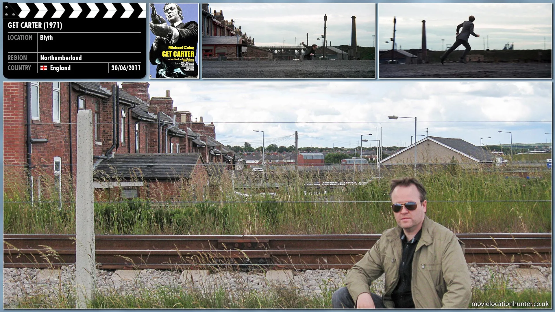 Filming location photo, shot in England, for Get Carter (1971). Scene description: Eric (Ian Hendry) scampers along a row of cottages towards the beach. Carter (Michael Caine) starts after him.