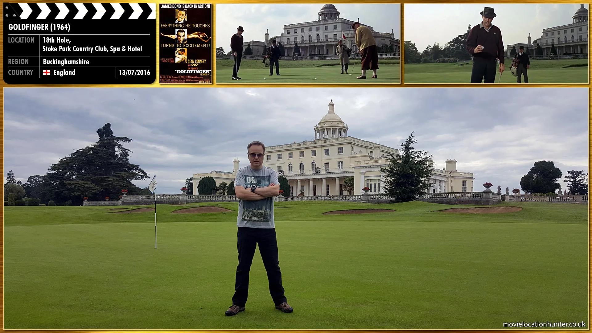 Filming location photo, shot in England, for Goldfinger (1964). Scene description: Bond (Sean Connery) arranges to meet Goldfinger (Gert Fröbe) socially and wins a high-stakes golf game against him with a recovered Nazi gold bar at stake.
