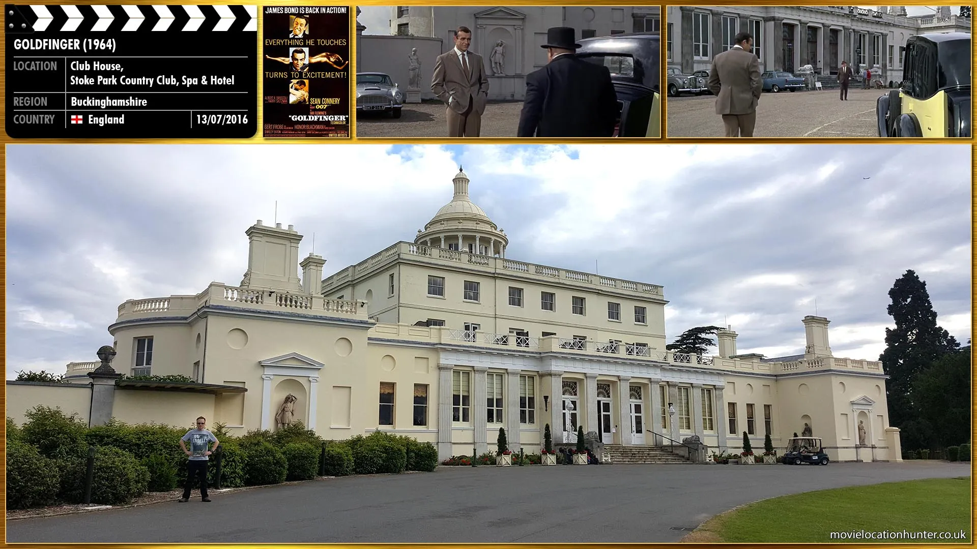 Filming location photo, shot in England, for Goldfinger (1964). Scene description: While his car is being packed up by Oddjob (Harold Sakata), Bond (Sean Connery) plants a tracker in the car and settles with Goldfinger (Gert Fröbe) for his winnings. Goldfinger warns Bond to stay out of his affairs and orders Oddjob to demonstrate his favourite weapon, his blade-rimmed bowler hat, which he uses to decapitate a nearby marble statue.