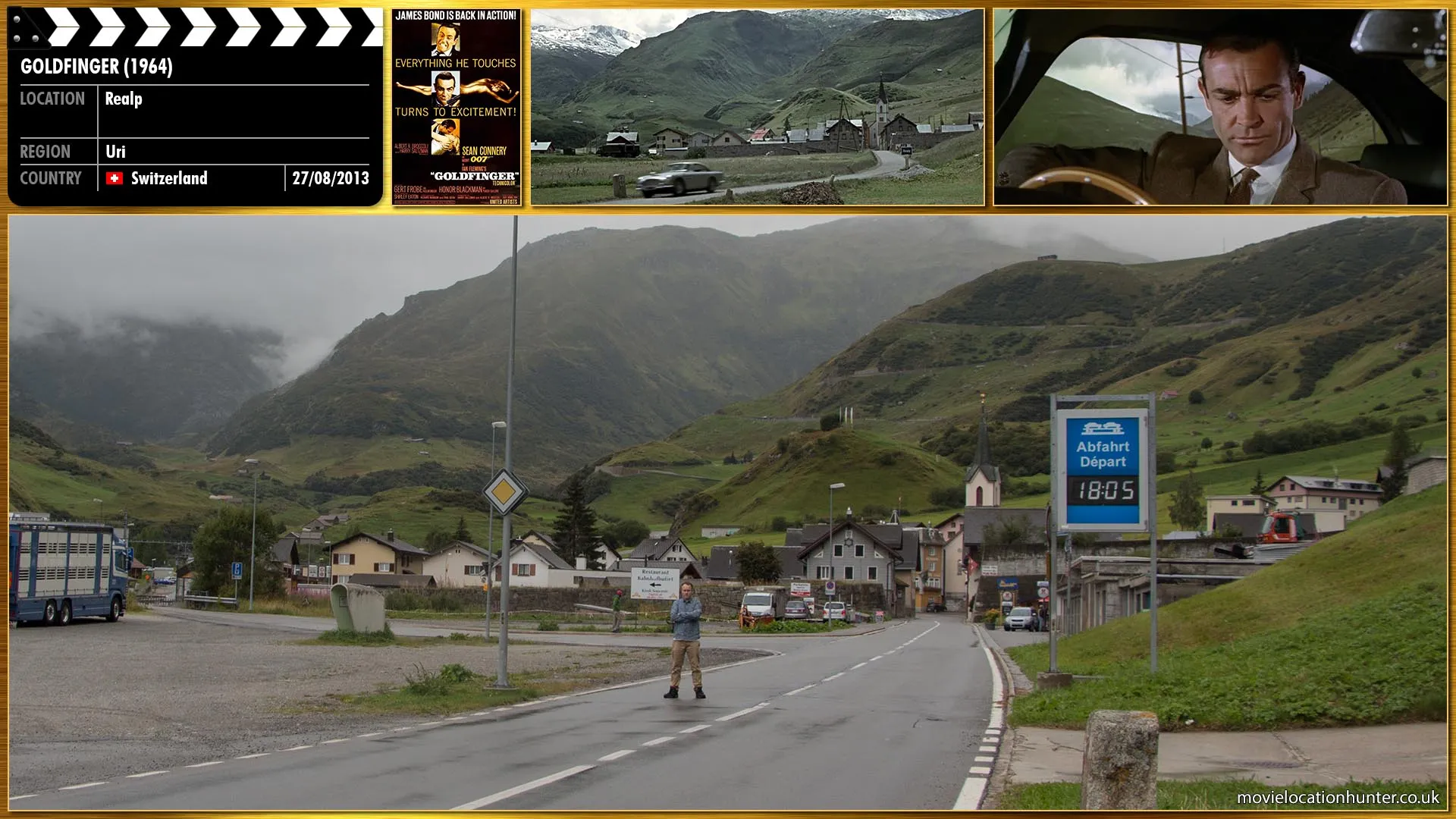 Filming location photo, shot in Switzerland, for Goldfinger (1964). Scene description: After Bond (Sean Connery) planted a tracker in Goldfinger's Rolls Royce he follows him to Geneva and leaves a small village to start tracking Goldfinger (Gert Fröbe) by car.