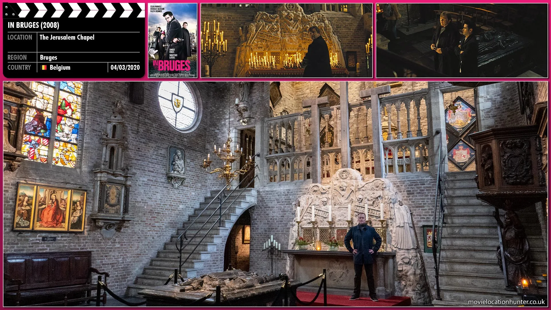 Filming location photo, shot in Belgium, for In Bruges (2008). Scene description: Ken (Brendan Gleeson) enthusiastically explains the Basilica of the Holy Blood to a totally uninterested Ray (Colin Farrell)