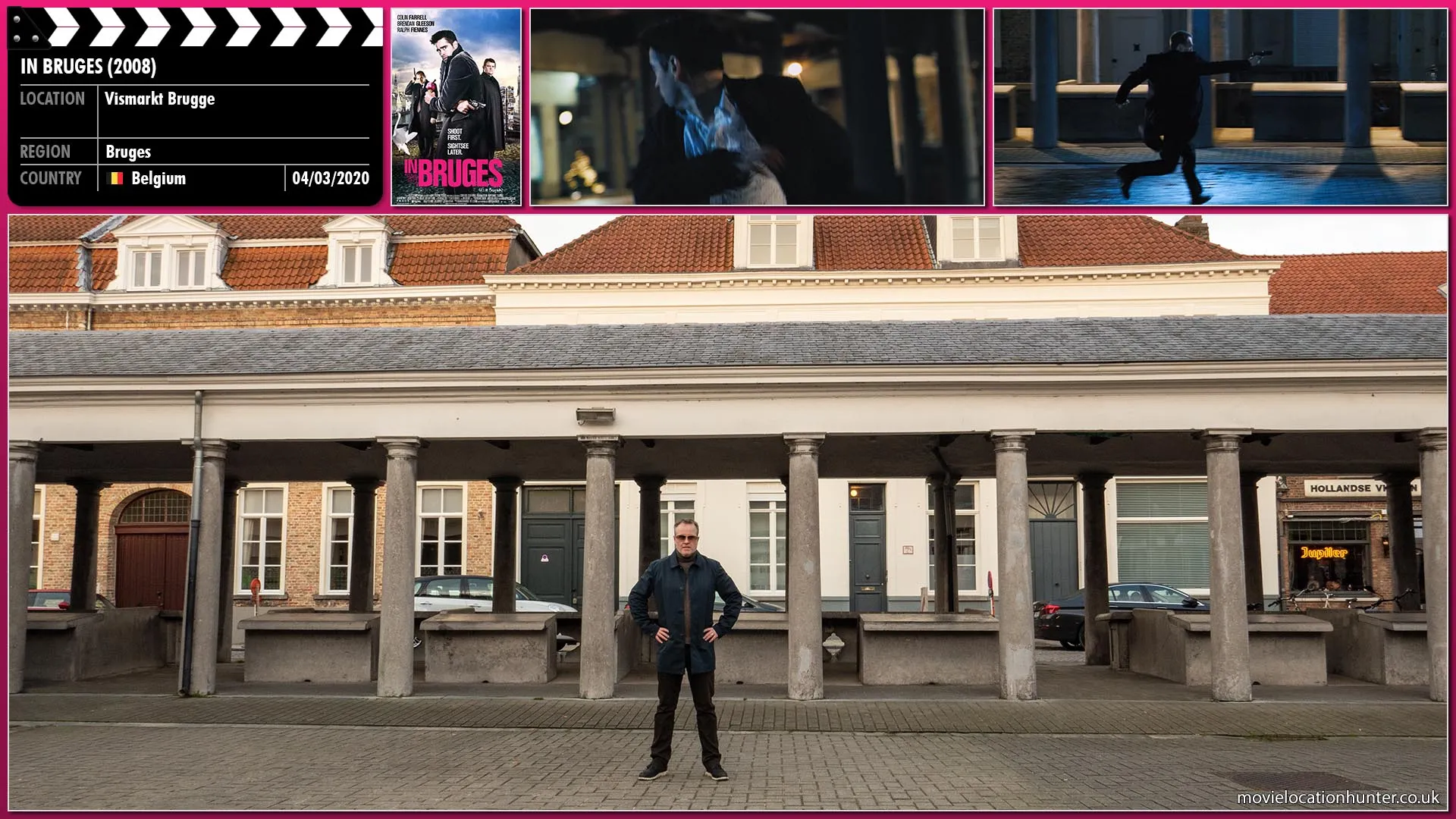 Filming location photo, shot in Belgium, for In Bruges (2008). Scene description: Ray (Colin Farrell) scrambles through the pillars of a fish market that aid his escape as Harry (Ralph Fiennes) shoots towards him.