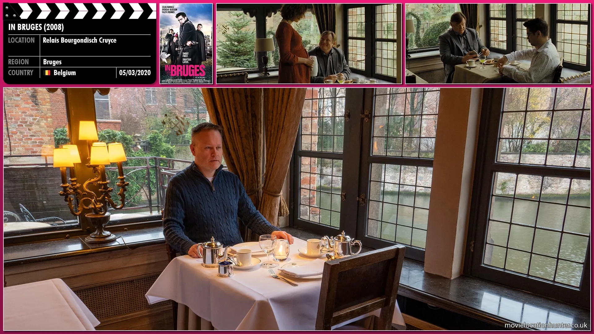 Filming location photo, shot in Belgium, for In Bruges (2008). Scene description: At breakfast, Ken (Brendan Gleeson) informs Ray (Colin Farrell) that they have to say in the hotel that evening.  Ray (Colin Farrell) states that technically only one of them does and he had already agreed on a date with a Belgian lady.