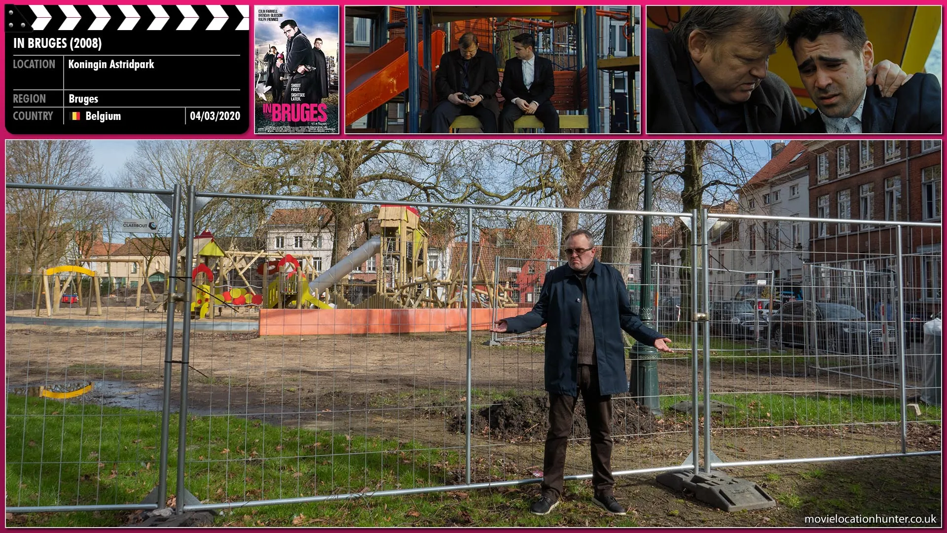 Filming location photo, shot in Belgium, for In Bruges (2008). Scene description: Ken (Brendan Gleeson) raises his gun and aims it as the back of Ray's (Colin Farrell) head.  Ray suddenly raises his own gun and places it against his temple.  Shocked, Ken tells Ray to stop.  Ray is startled and drops his gun firing off a shot as it hits the ground.  Ray then realises that Ken was going to kill him.  both sit and console each other.