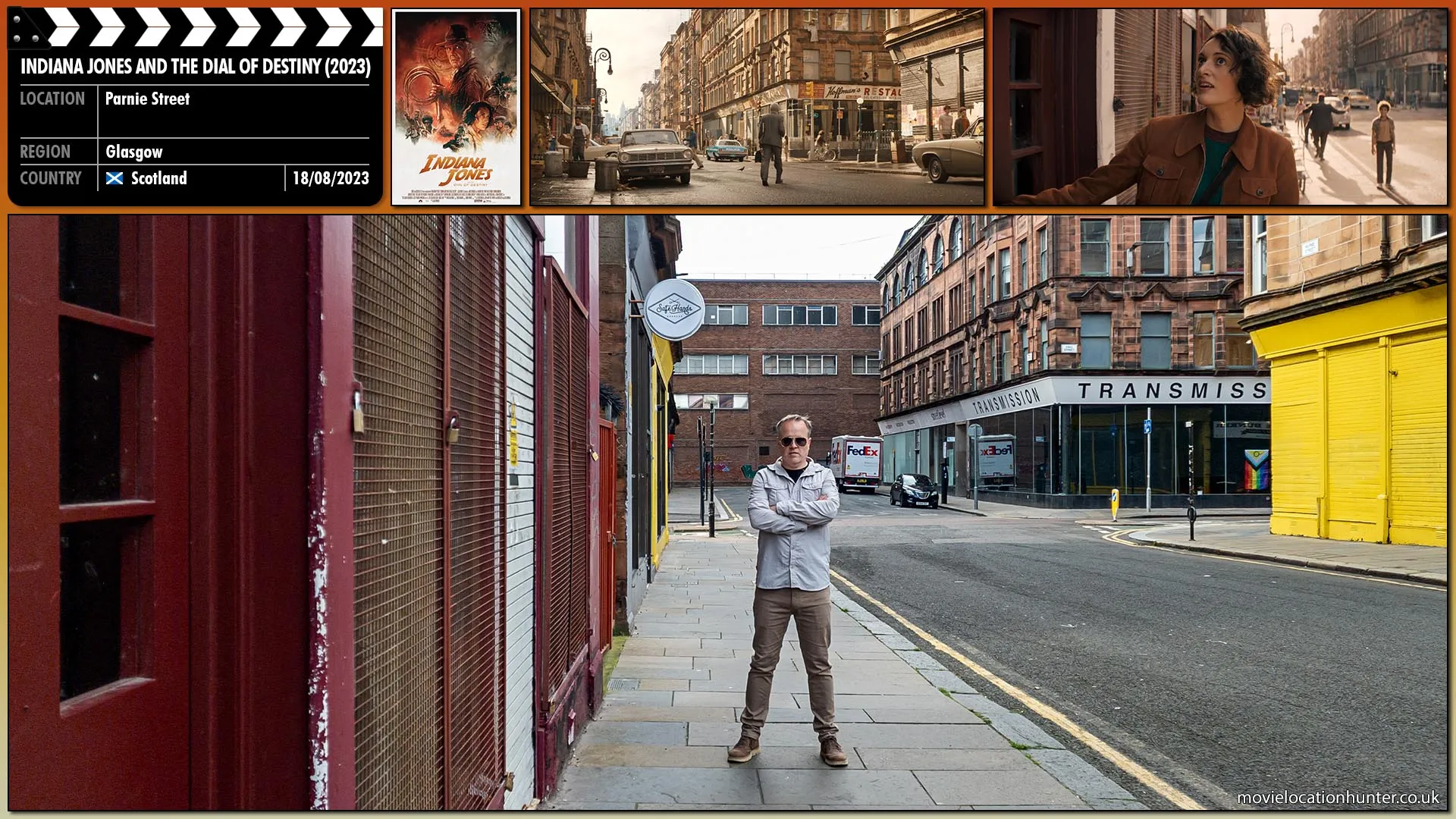 Filming location photo, shot in Scotland, for Indiana Jones and the Dial of Destiny (2023). Scene description: In 1969, an elderly and depressed Indy (Harrison Ford) leaves his apartment and slowly walks to Hunter College in New York City.