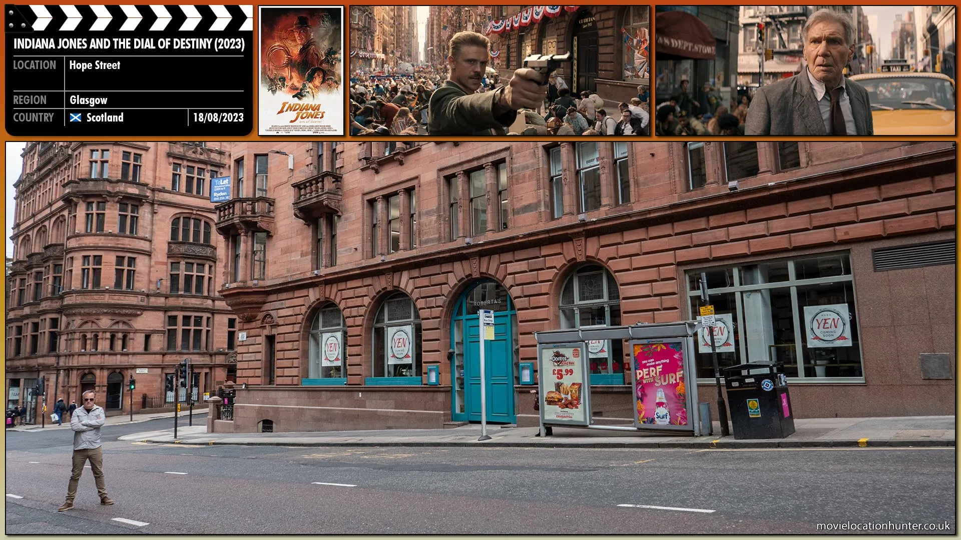 Filming location photo, shot in Scotland, for Indiana Jones and the Dial of Destiny (2023). Scene description: Lost in the crowd, Klaber (Boyd Holbrook) fires his pistol into the air and the crowd drop to their knees exposing Indy (Harrison Ford).  Klaber takes aim but just before he fires, Mason (Shaunette Renée Wilson) slaps his hand down.