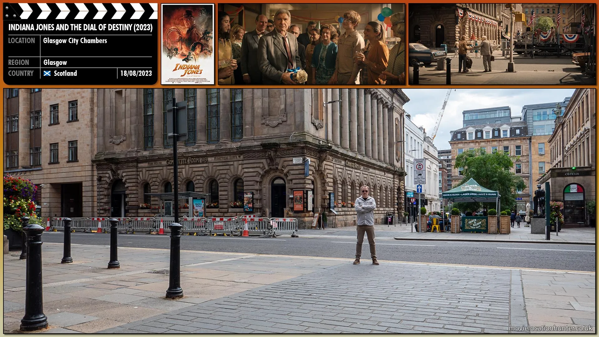 Filming location photo, shot in Scotland, for Indiana Jones and the Dial of Destiny (2023). Scene description: Colleagues at Hunter College greet Indy (Harrison Ford) with a surprise retirement party. A despondent Jones, waiting to cross the road hands his retirement gift to a passing homeless person.  Indy crosses the road and heads to a nearby bar to drink away his sorrows while the citizens of New York gather for a parade honouring the astronauts.