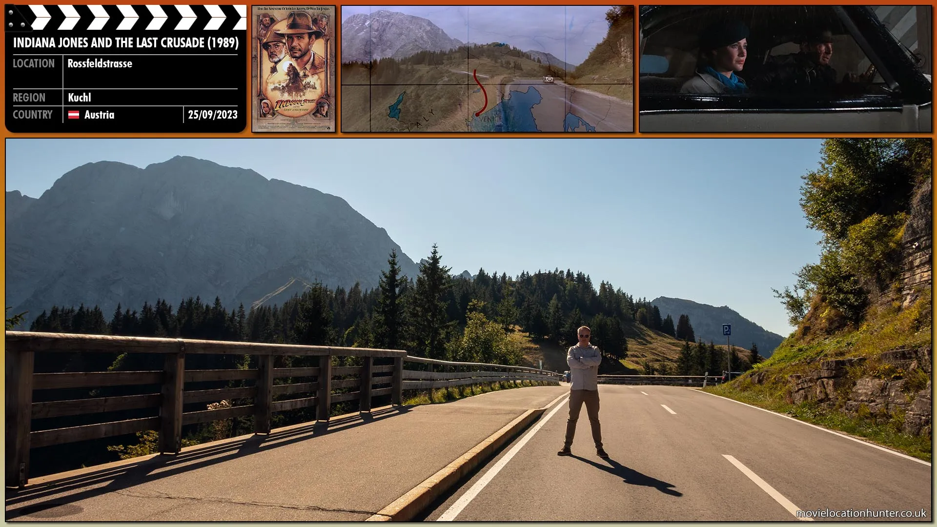 Filming location photo, shot in Austria, for Indiana Jones and the Last Crusade (1989). Scene description: A Mercedes-Benz glides through the sharp mountain curves. This is superimposed over a map that charts their course from Venice across Austria toward Salzburg.