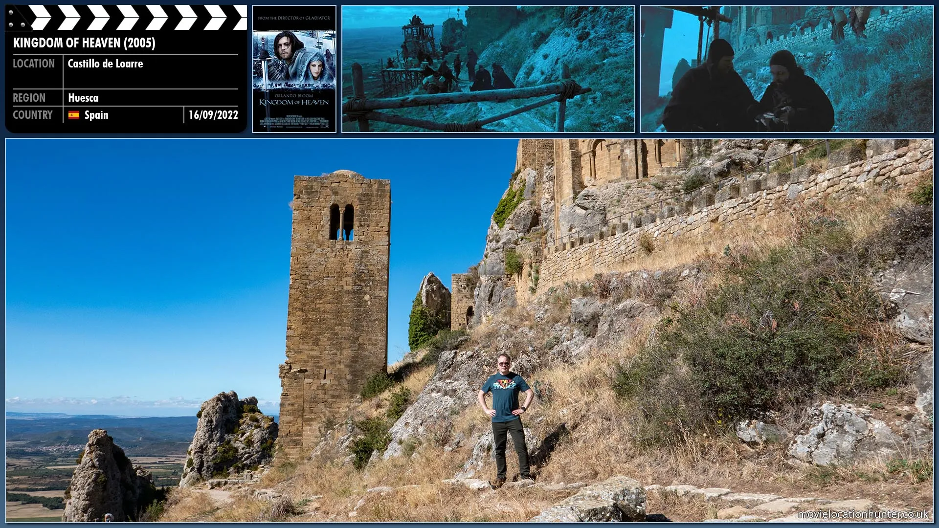 Filming location photo, shot in Spain, for Kingdom of Heaven (2005). Scene description: A cloister is being added to an existing town church. The local Bishop (Bill Paterson) gives the priest (Michael Sheen) a purse of coin and asks him to give it to his brother Balian (Orlando Bloom).