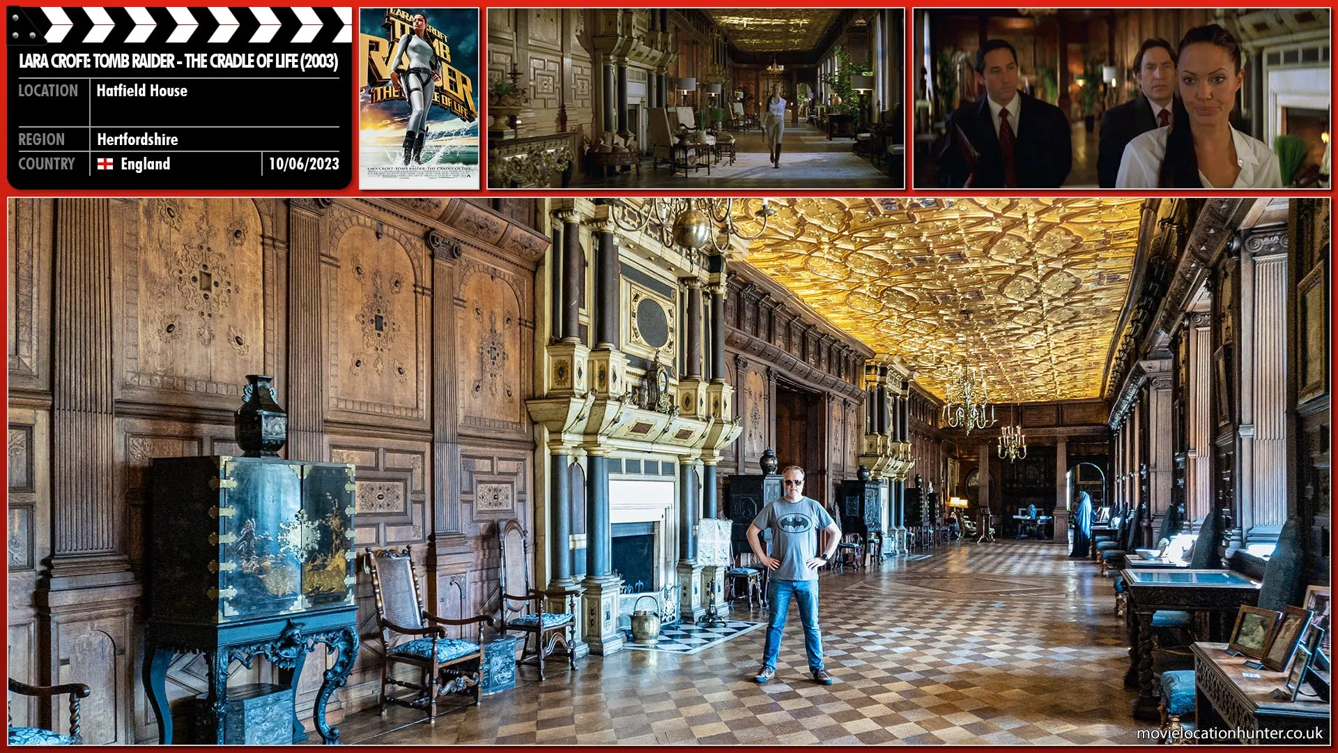 Filming location photo, shot in England, for Lara Croft: Tomb Raider - The Cradle of Life (2003). Scene description: A very annoyed Lara Coft (Angelina Jolie) briskly strolls down a long corridor of her home towards two MI6 operatives waiting to speak with her.